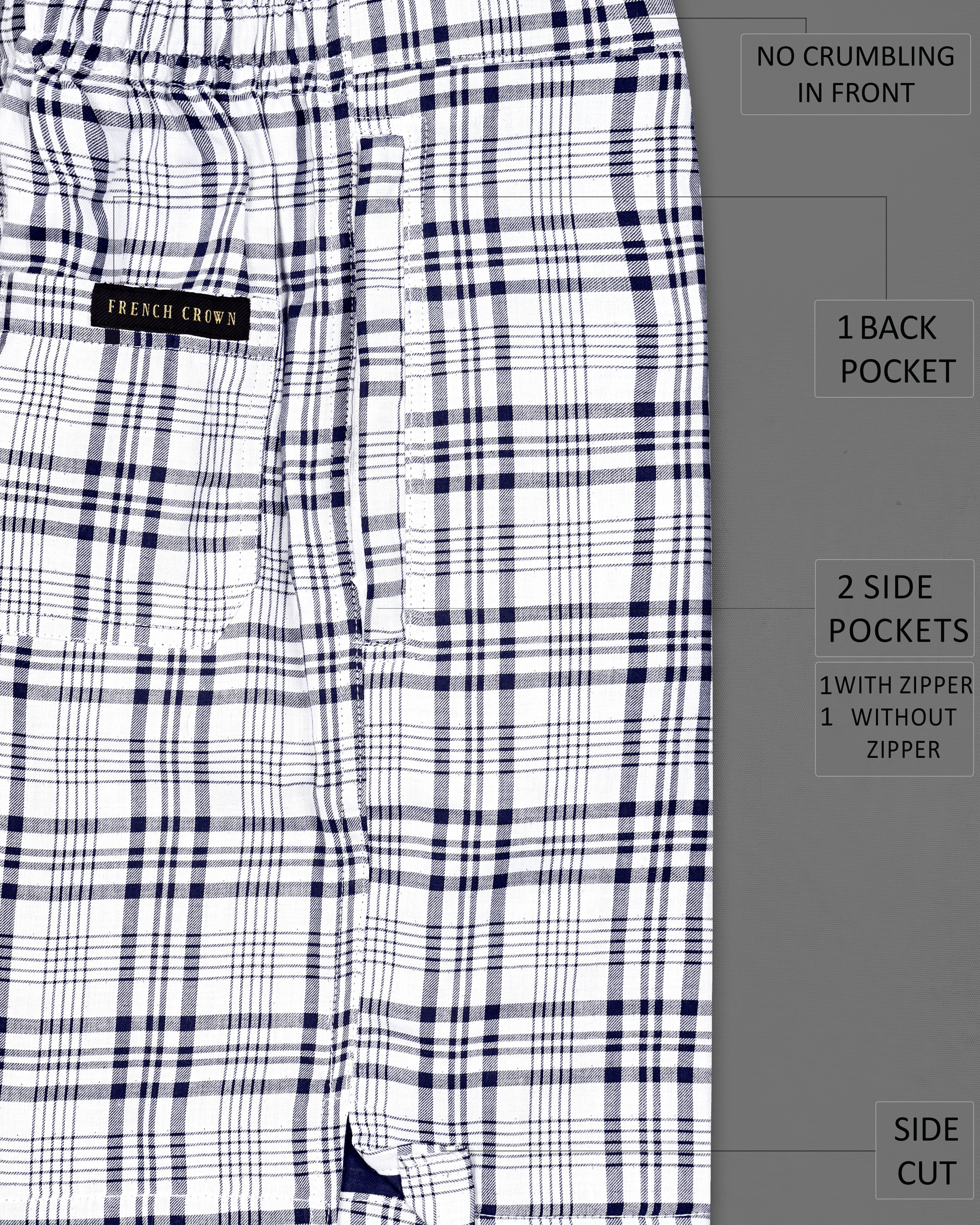 Midnight Navy Blue and White Twill Checkered Premium Cotton Shorts SR252-28, SR252-30, SR252-32, SR252-34, SR252-36, SR252-38, SR252-40, SR252-42, SR252-44