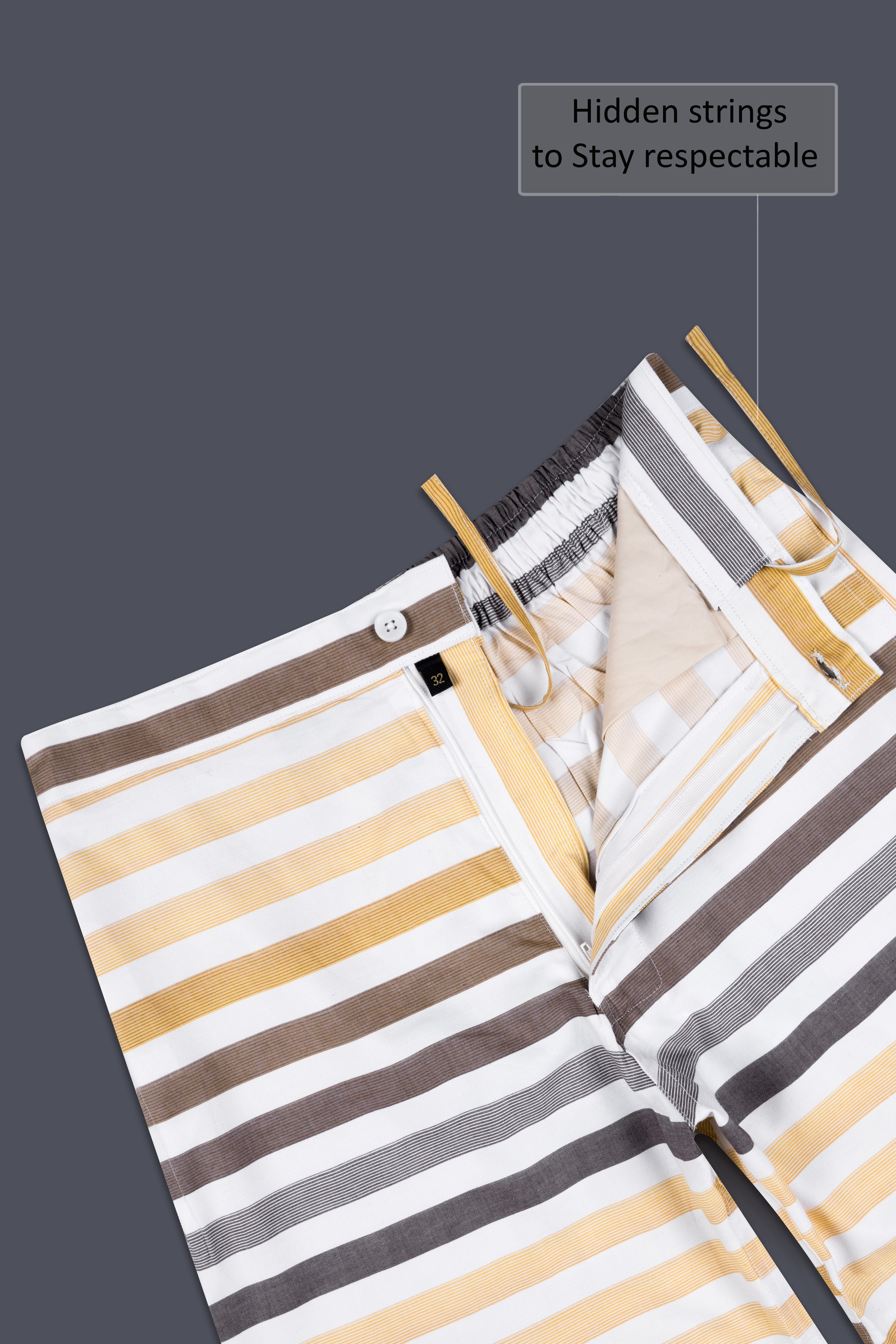 Bright White and Pavlova Cream Multicolour Striped Dobby Textured Giza Cotton Shorts SR374-28, SR374-30, SR374-32, SR374-34, SR374-36, SR374-38, SR374-40, SR374-42, SR374-44