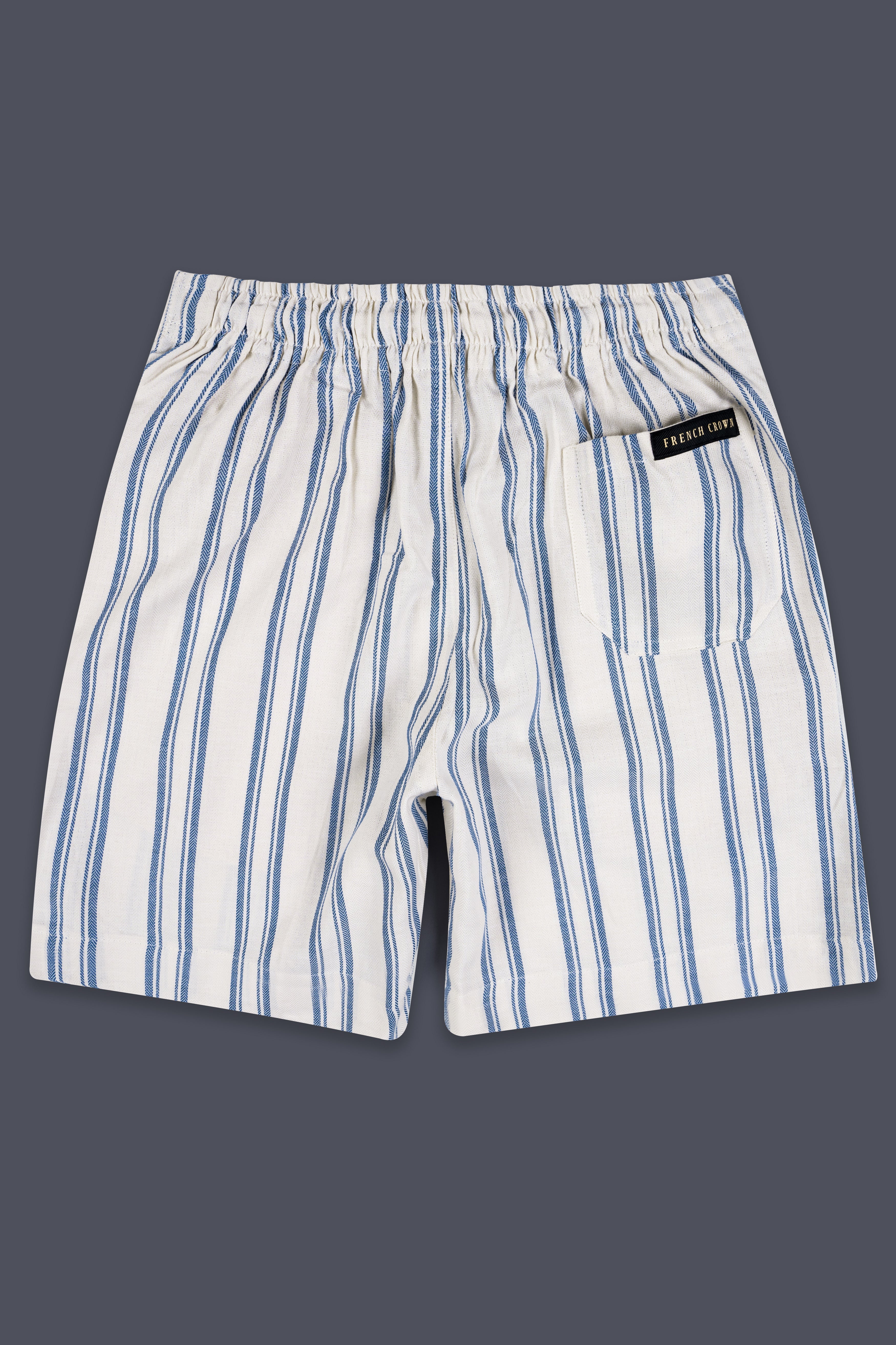 Bonjour Cream and Waikawa Blue Striped Dobby Textured Giza Cotton Shorts SR376-28, SR376-30, SR376-32, SR376-34, SR376-36, SR376-38, SR376-40, SR376-42, SR376-44