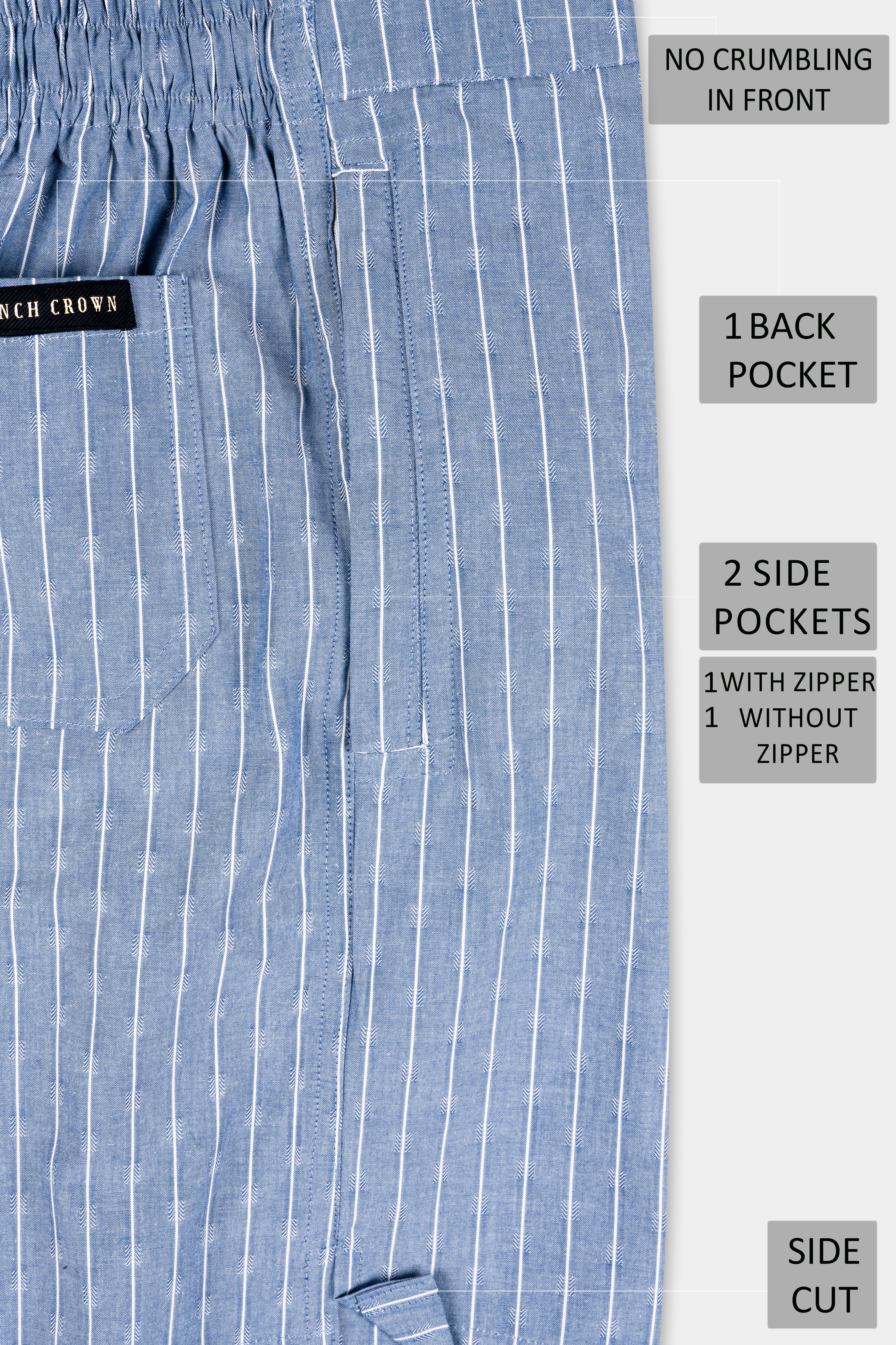 Waikawa Blue and White Striped Dobby Textured Giza Cotton Shorts SR377-28, SR377-30, SR377-32, SR377-34, SR377-36, SR377-38, SR377-40, SR377-42, SR377-44