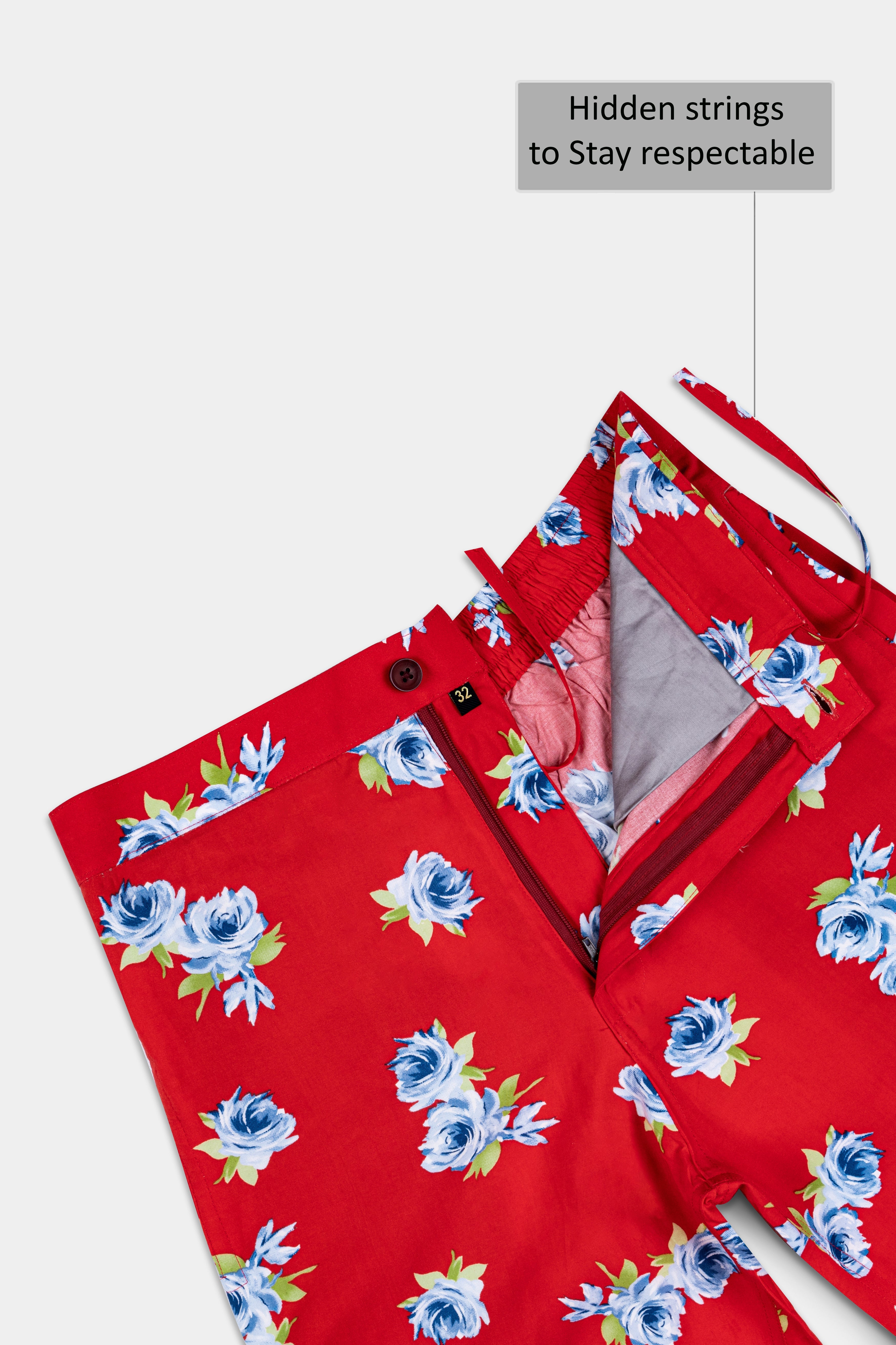 Scarlet Red and Cerulean Blue Floral Printed Premium Cotton Shorts SR382-28, SR382-30, SR382-32, SR382-34, SR382-36, SR382-38, SR382-40, SR382-42, SR382-44