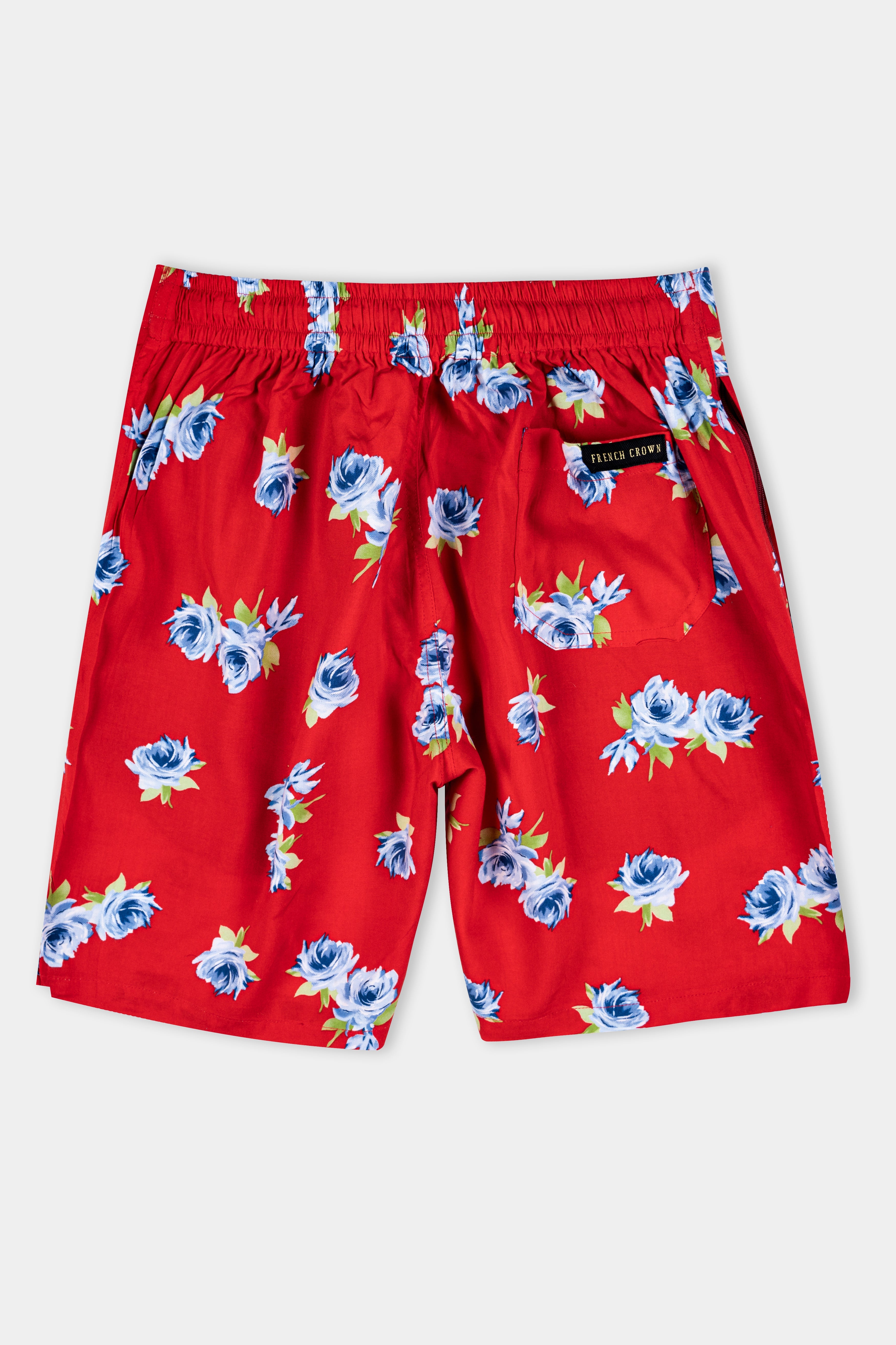 Scarlet Red and Cerulean Blue Floral Printed Premium Cotton Shorts SR382-28, SR382-30, SR382-32, SR382-34, SR382-36, SR382-38, SR382-40, SR382-42, SR382-44