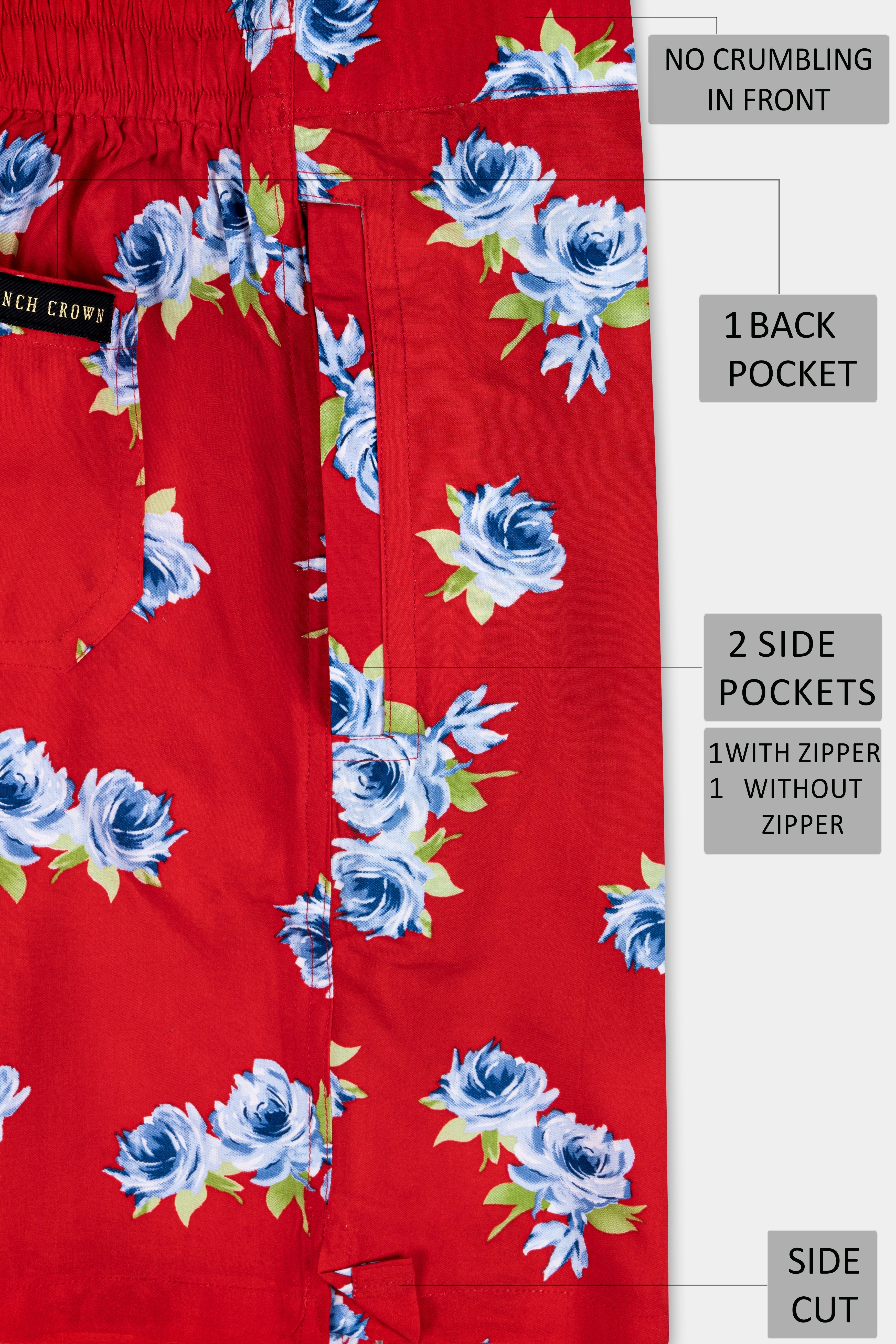 Scarlet Red and Cerulean Blue Floral Printed Premium Cotton Shorts SR382-28, SR382-30, SR382-32, SR382-34, SR382-36, SR382-38, SR382-40, SR382-42, SR382-44