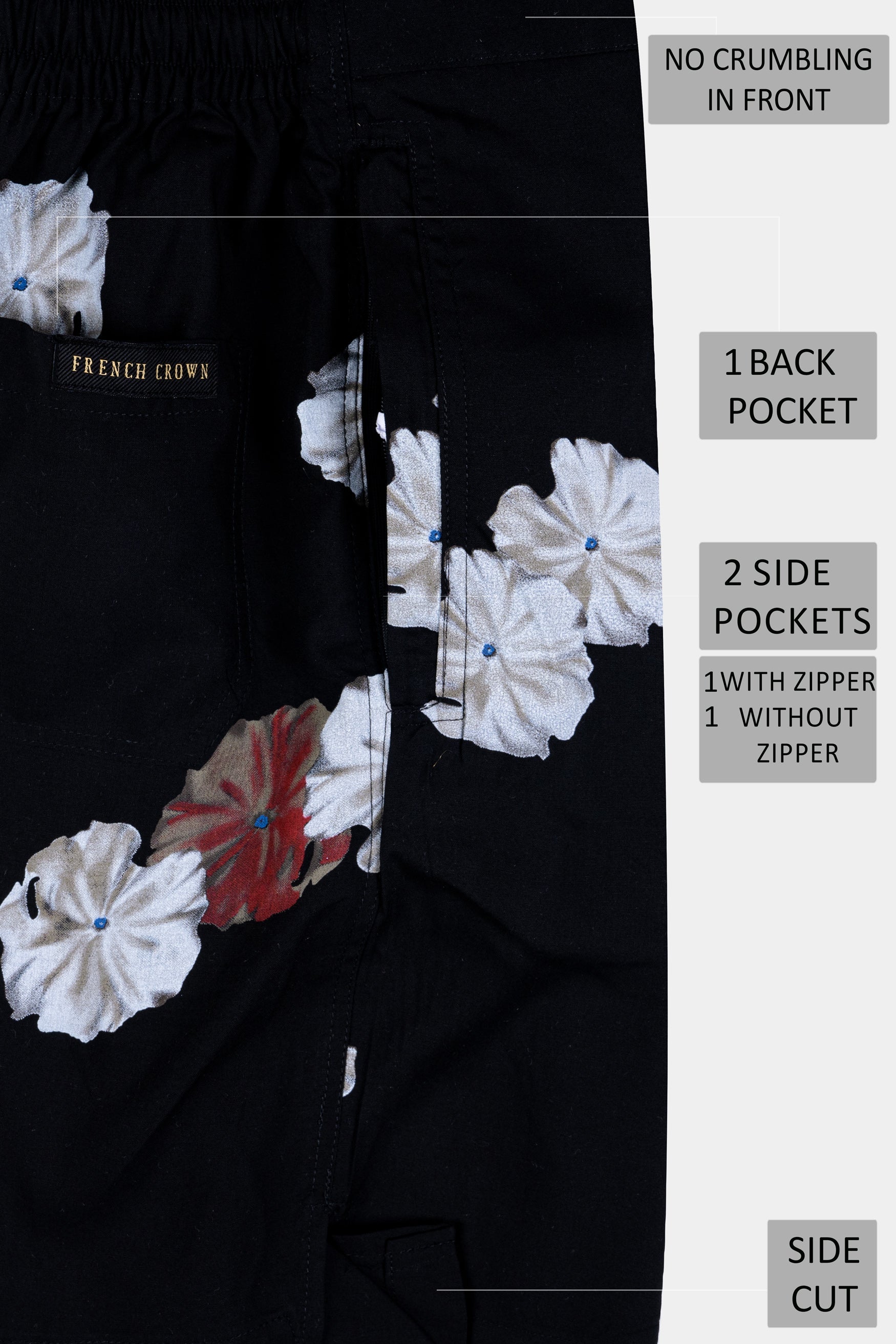 Jade Black and Mystic Gray Floral Printed Premium Tencel Shorts SR401-28, SR401-30, SR401-32, SR401-34, SR401-36, SR401-38, SR401-40, SR401-42, SR401-44