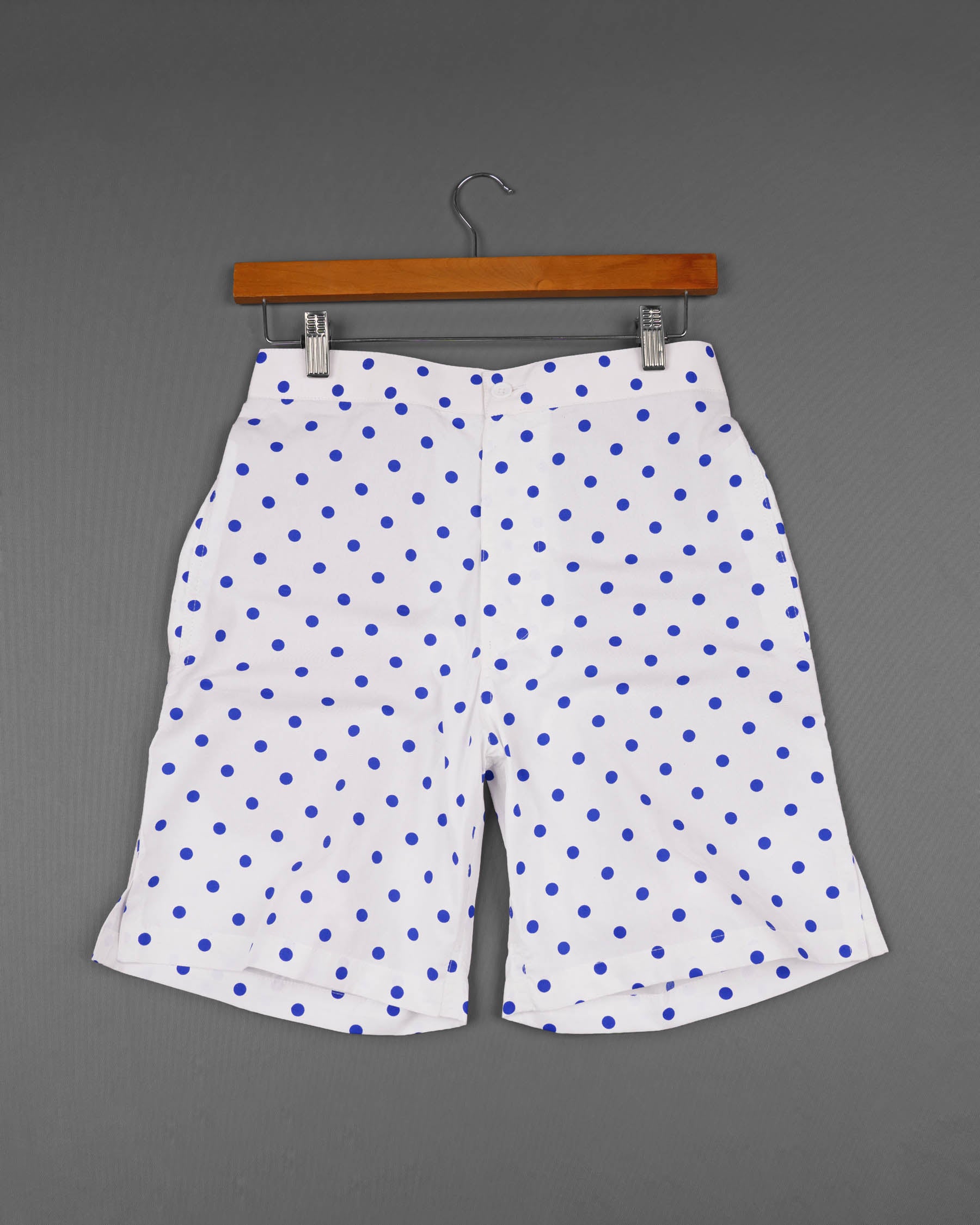 White with Cerulean Blue Polka Printed Premium Cotton Shorts SR131-28, SR131-30, SR131-32, SR131-34, SR131-36, SR131-38, SR131-40, SR131-42, SR131-44