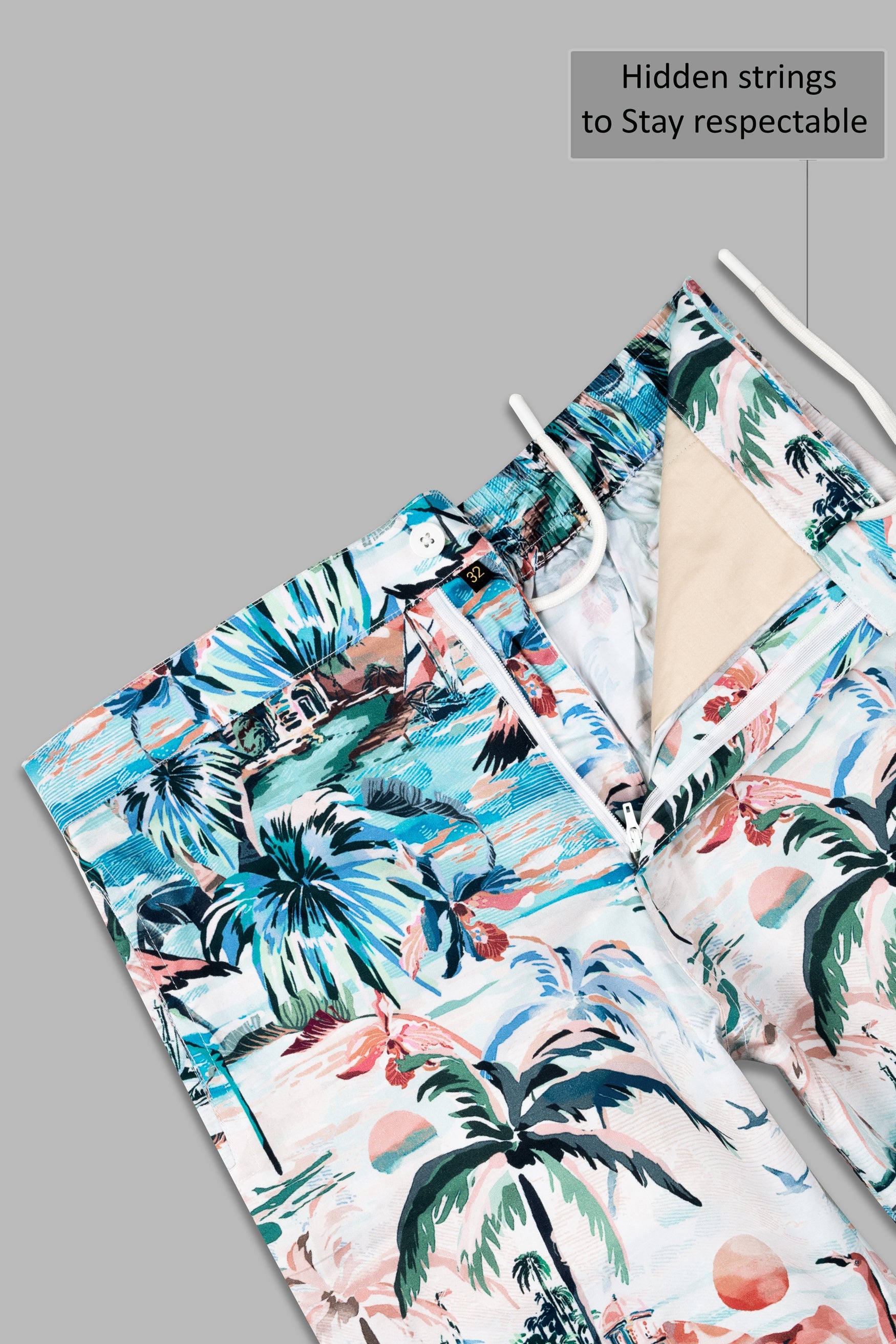 Bright White and William Green Multicolour Tropical Printed Subtle Sheen Super Soft Premium Cotton Designer Short
