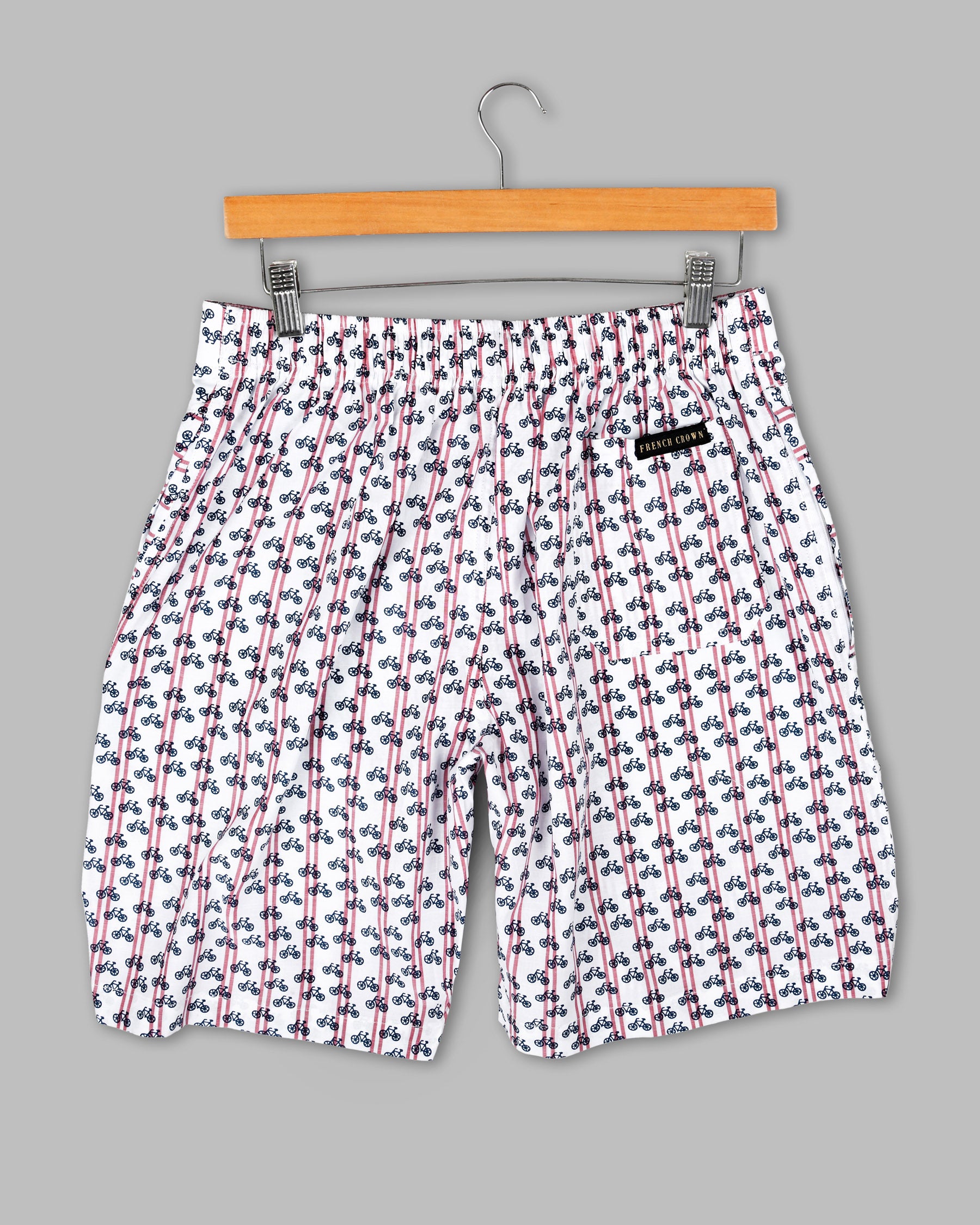 Bright White Striped and Bicycle Printed Premium Cotton Shorts SR74-28, SR74-30, SR74-32, SR74-34, SR74-36, SR74-38, SR74-40, SR74-42, SR74-44
