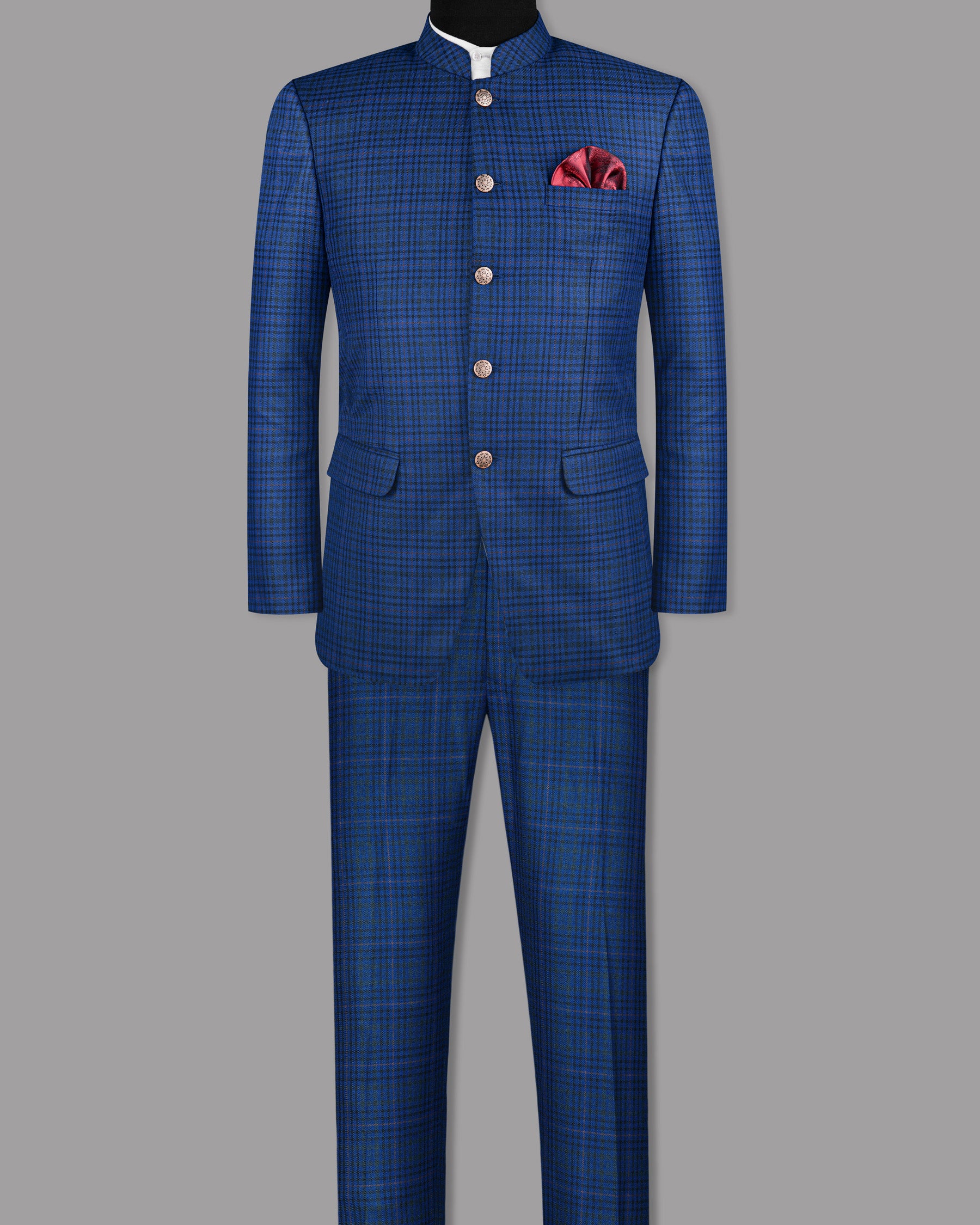 Astronaut Blue with Black Plaid Bandhgala/Mandarin Suit