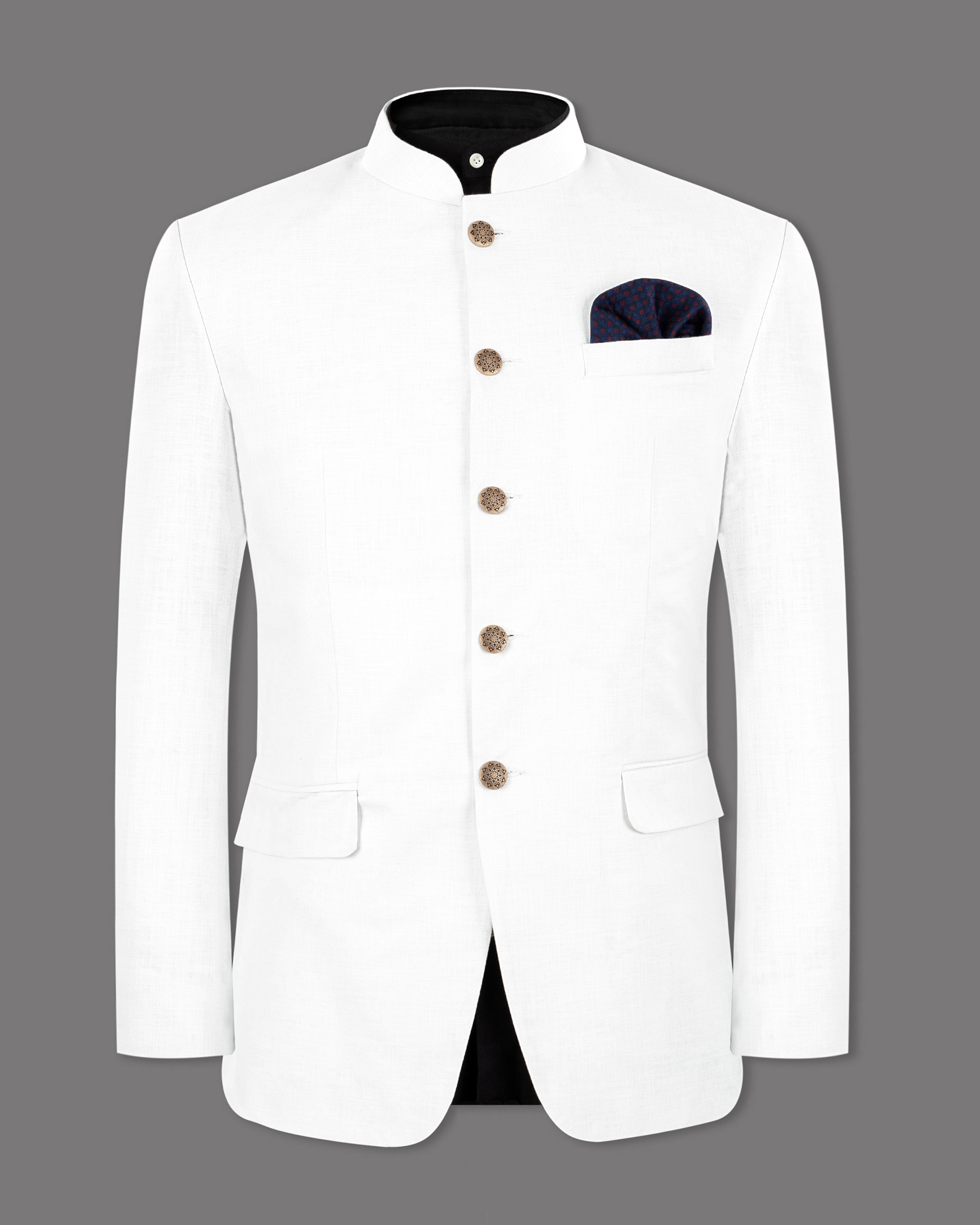 BRIGHT WHITE LUXURIOUS LINEN BANDHGALA/MANDARIN PERFORMANCE SUIT