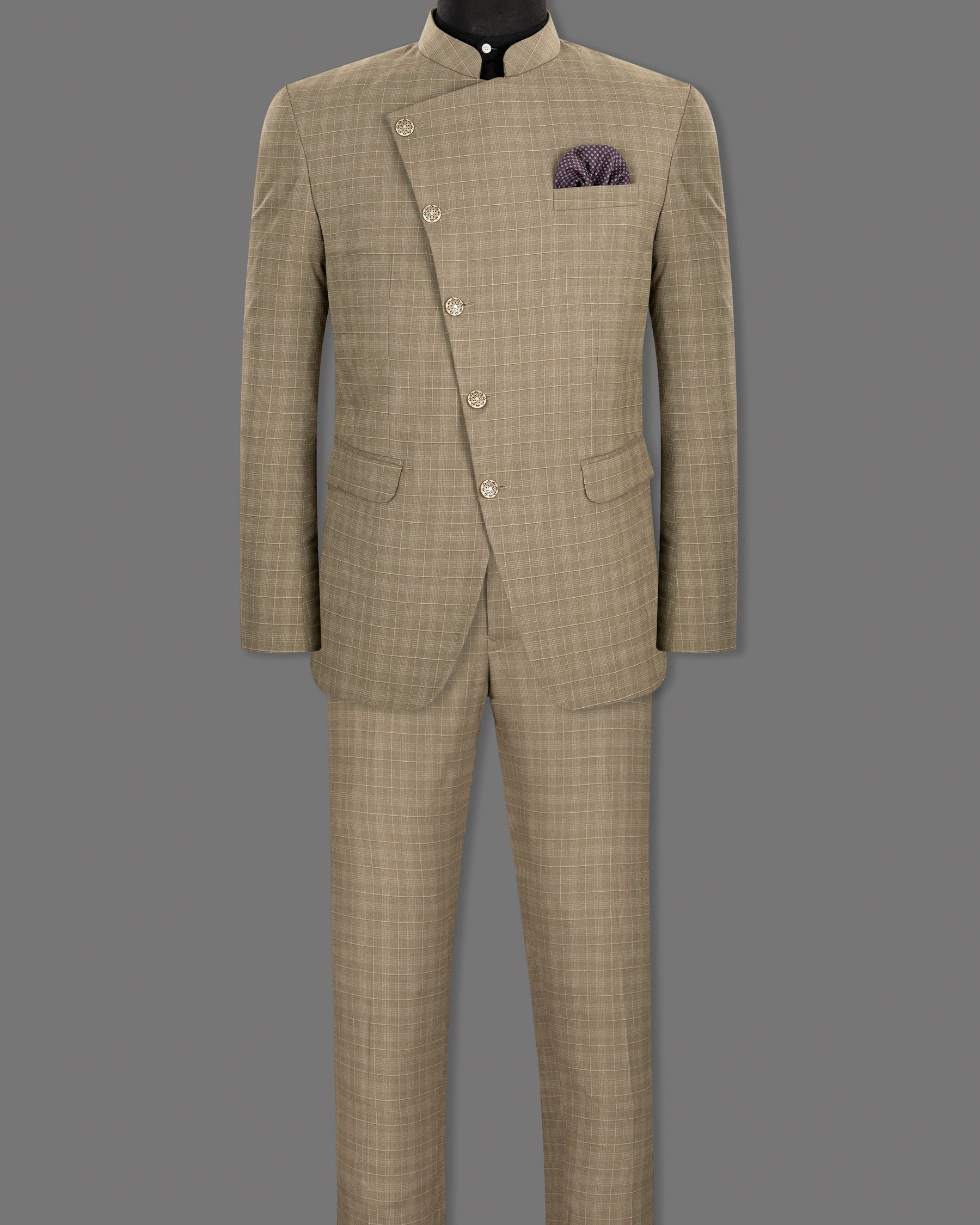 Arrowtown Brown Plaid Cross Buttoned Bandhgala/Mandarin Suit ST1285-CBG-36, ST1285-CBG-38, ST1285-CBG-40, ST1285-CBG-48, ST1285-CBG-54, ST1285-CBG-56, ST1285-CBG-58, ST1285-CBG-60, ST1285-CBG-42, ST1285-CBG-44, ST1285-CBG-46, ST1285-CBG-50, ST1285-CBG-52