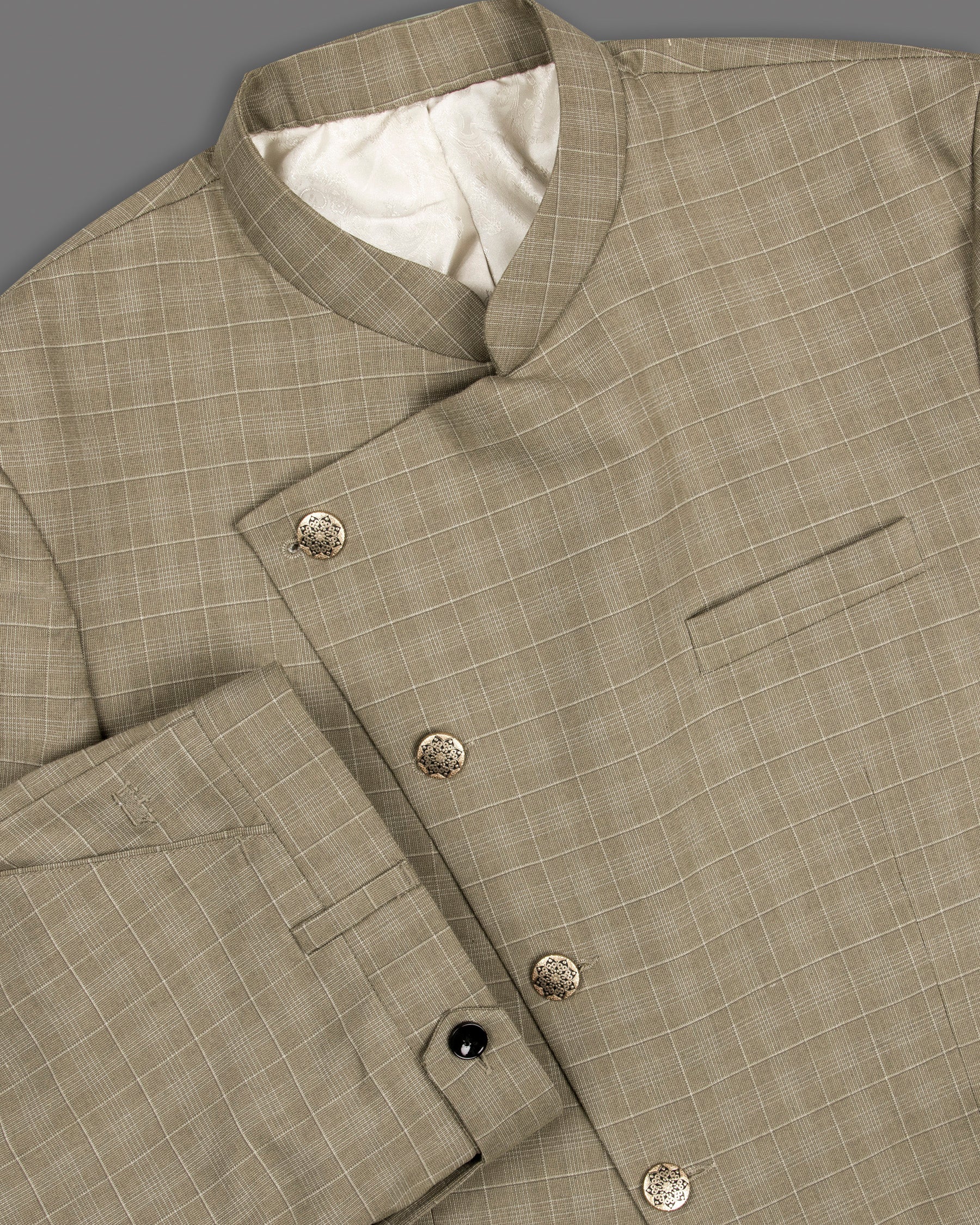 Arrowtown Brown Plaid Cross Buttoned Bandhgala/Mandarin Suit ST1285-CBG-36, ST1285-CBG-38, ST1285-CBG-40, ST1285-CBG-48, ST1285-CBG-54, ST1285-CBG-56, ST1285-CBG-58, ST1285-CBG-60, ST1285-CBG-42, ST1285-CBG-44, ST1285-CBG-46, ST1285-CBG-50, ST1285-CBG-52