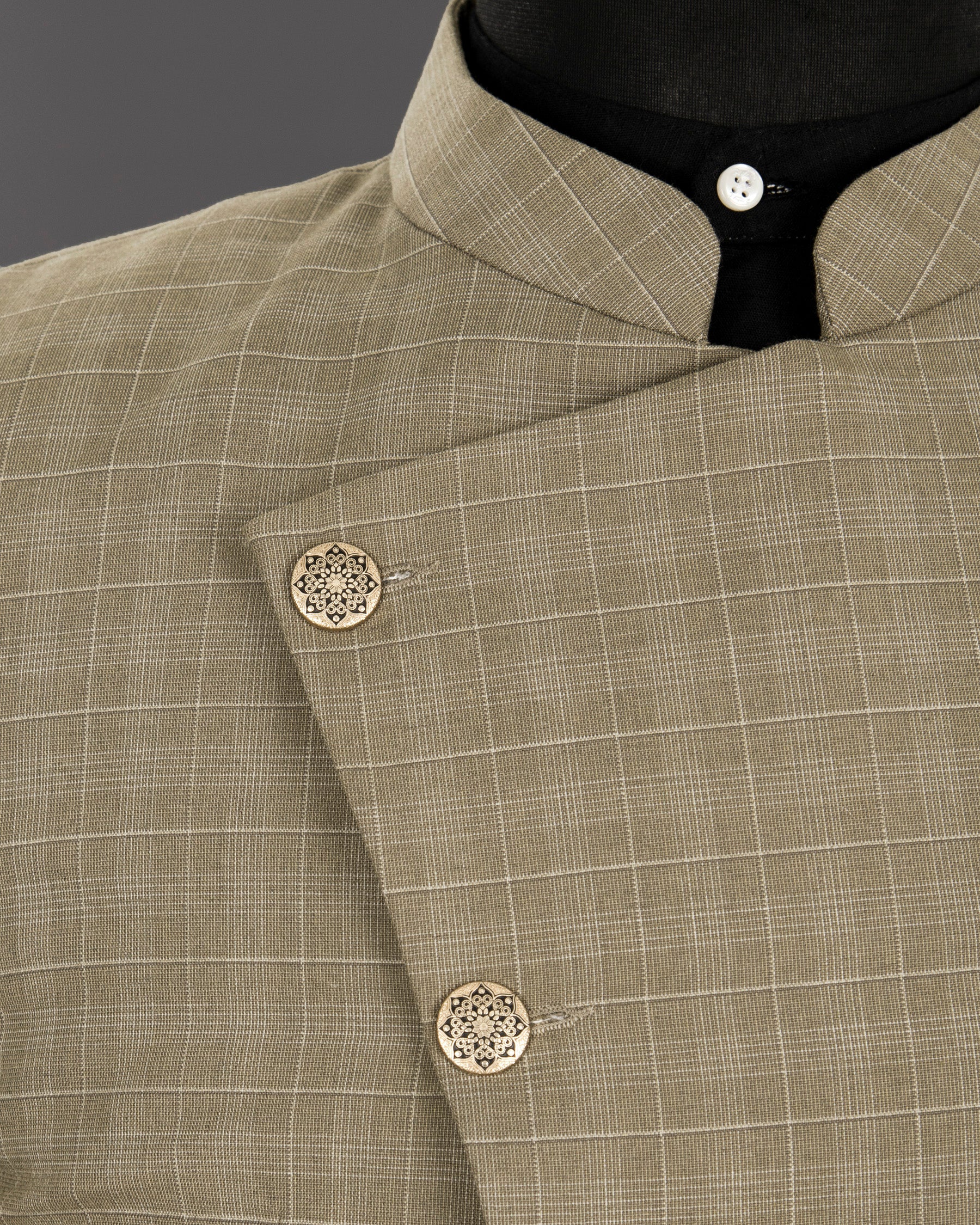 Arrowtown Brown Plaid Cross Buttoned Bandhgala/Mandarin Suit ST1285-CBG-36, ST1285-CBG-38, ST1285-CBG-40, ST1285-CBG-48, ST1285-CBG-54, ST1285-CBG-56, ST1285-CBG-58, ST1285-CBG-60, ST1285-CBG-42, ST1285-CBG-44, ST1285-CBG-46, ST1285-CBG-50, ST1285-CBG-52