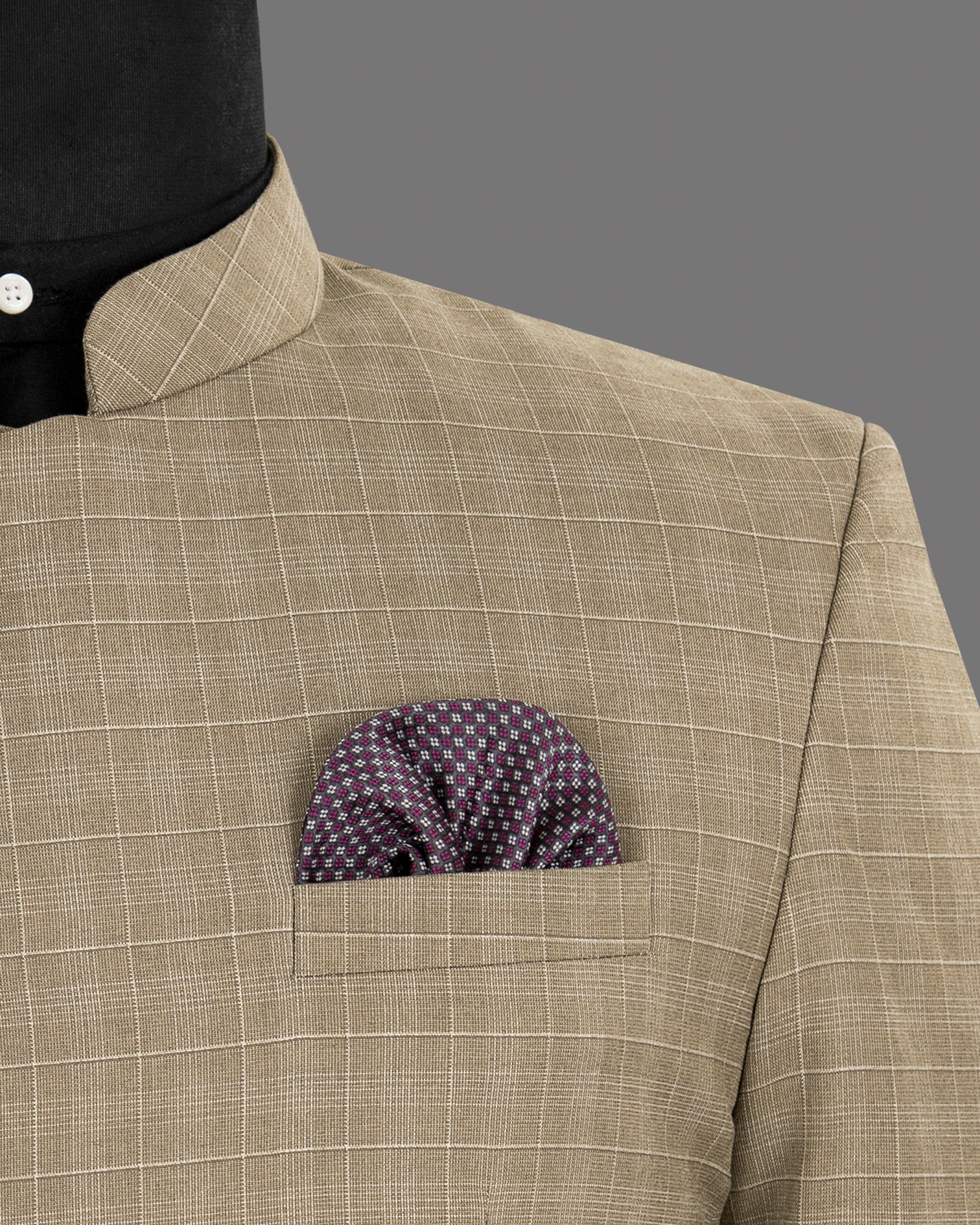 Arrowtown Brown Plaid Cross Buttoned Bandhgala/Mandarin Suit ST1285-CBG-36, ST1285-CBG-38, ST1285-CBG-40, ST1285-CBG-48, ST1285-CBG-54, ST1285-CBG-56, ST1285-CBG-58, ST1285-CBG-60, ST1285-CBG-42, ST1285-CBG-44, ST1285-CBG-46, ST1285-CBG-50, ST1285-CBG-52