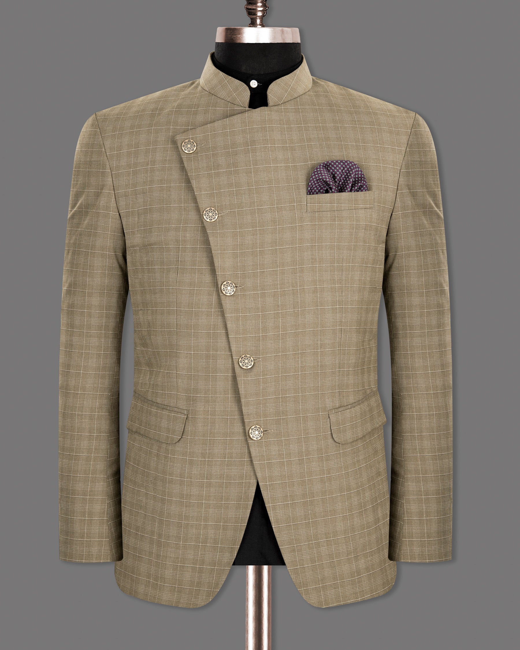 Arrowtown Brown Plaid Cross Buttoned Bandhgala/Mandarin Suit ST1285-CBG-36, ST1285-CBG-38, ST1285-CBG-40, ST1285-CBG-48, ST1285-CBG-54, ST1285-CBG-56, ST1285-CBG-58, ST1285-CBG-60, ST1285-CBG-42, ST1285-CBG-44, ST1285-CBG-46, ST1285-CBG-50, ST1285-CBG-52