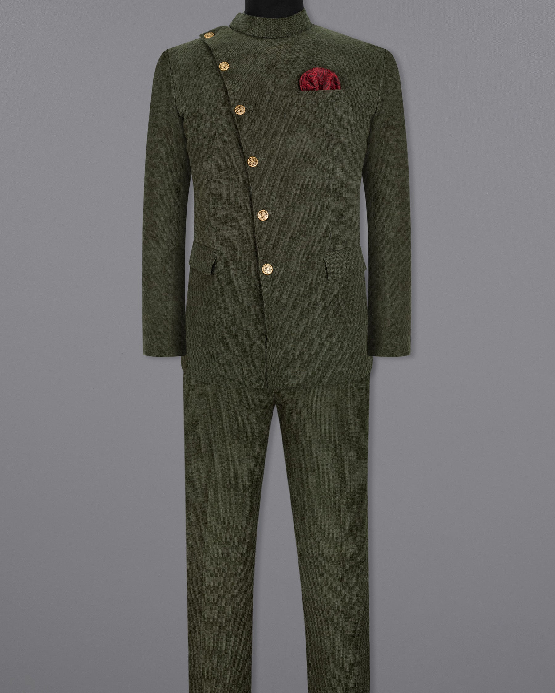 Merlin Green Cross Buttoned Bandhgala/Mandarin Corduroy Premium Cotton Suit ST1299-CBG2-36, ST1299-CBG2-38, ST1299-CBG2-40, ST1299-CBG2-42, ST1299-CBG2-44, ST1299-CBG2-46, ST1299-CBG2-48, ST1299-CBG2-50, ST1299-CBG2-52, ST1299-CBG2-54, ST1299-CBG2-56, ST1299-CBG2-58, ST1299-CBG2-60