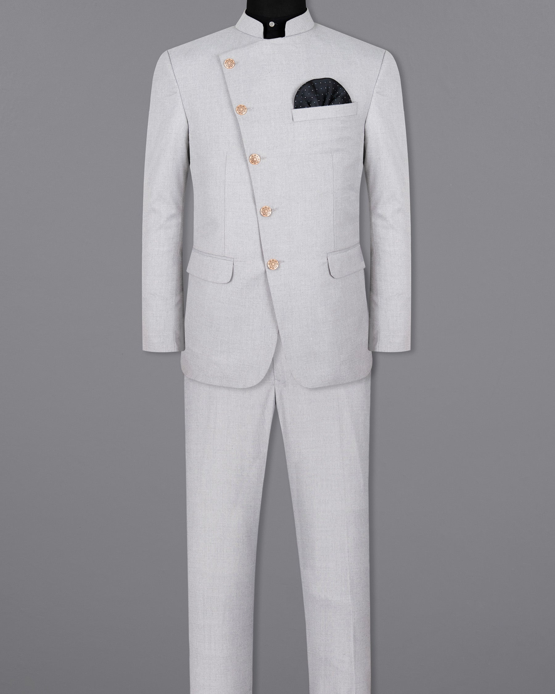 Mischka Grey Cross Placket Bandhgala/Mandarin Woolrich Suit