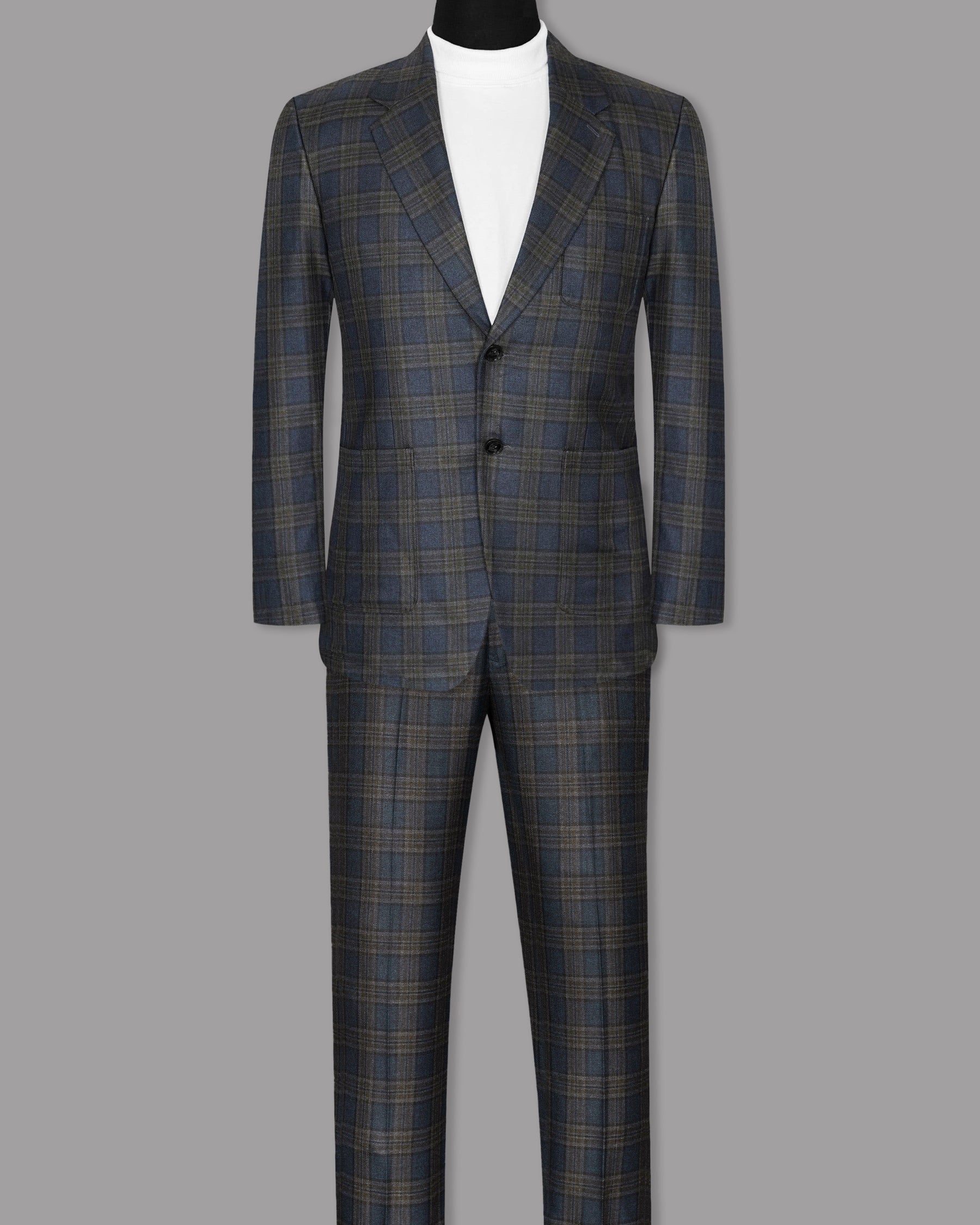 Bayoux Blue with brown Windowpane Wool Rich Suit