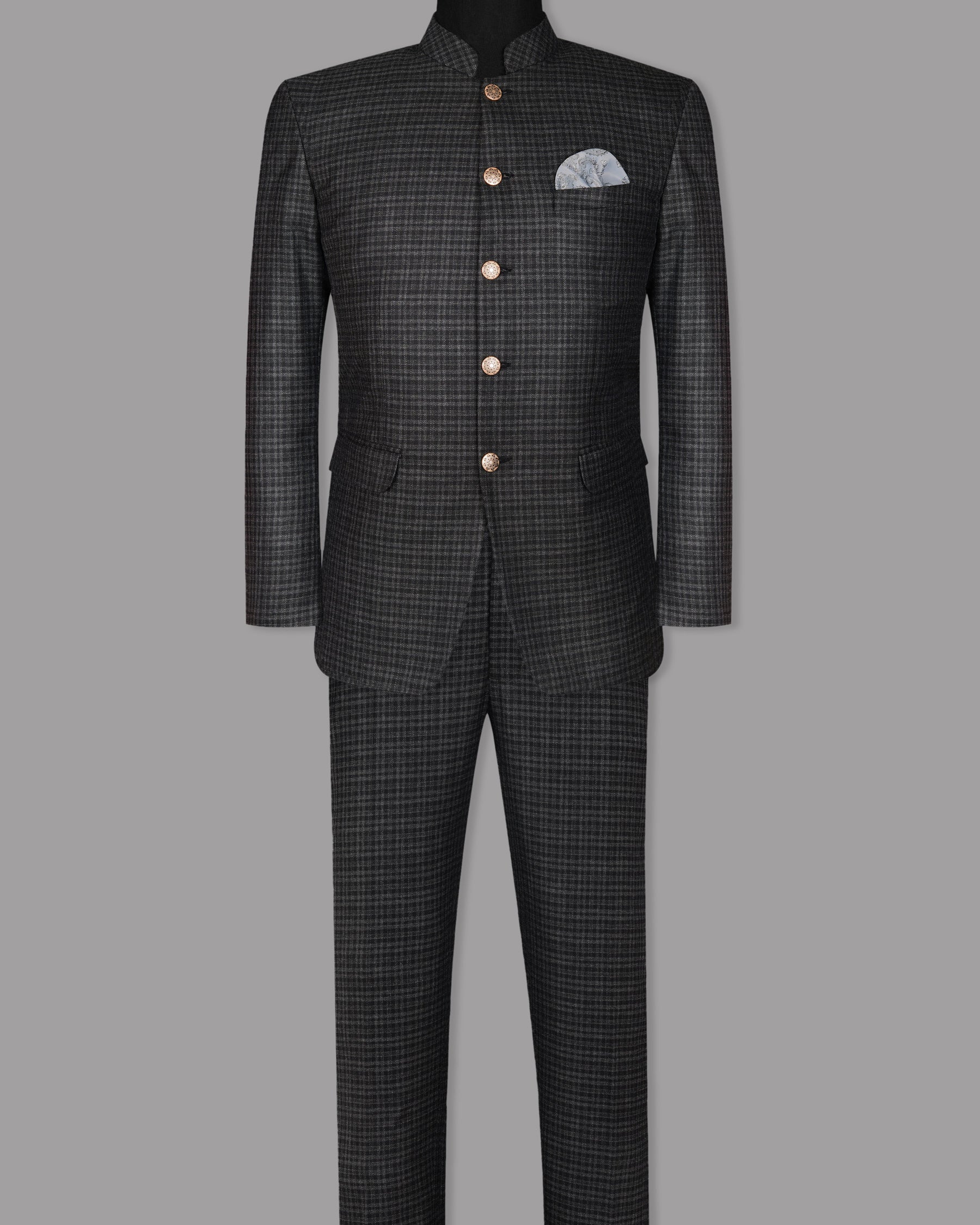 Jade Black with Charcoal checked Bandhgala/Mandarin Suit