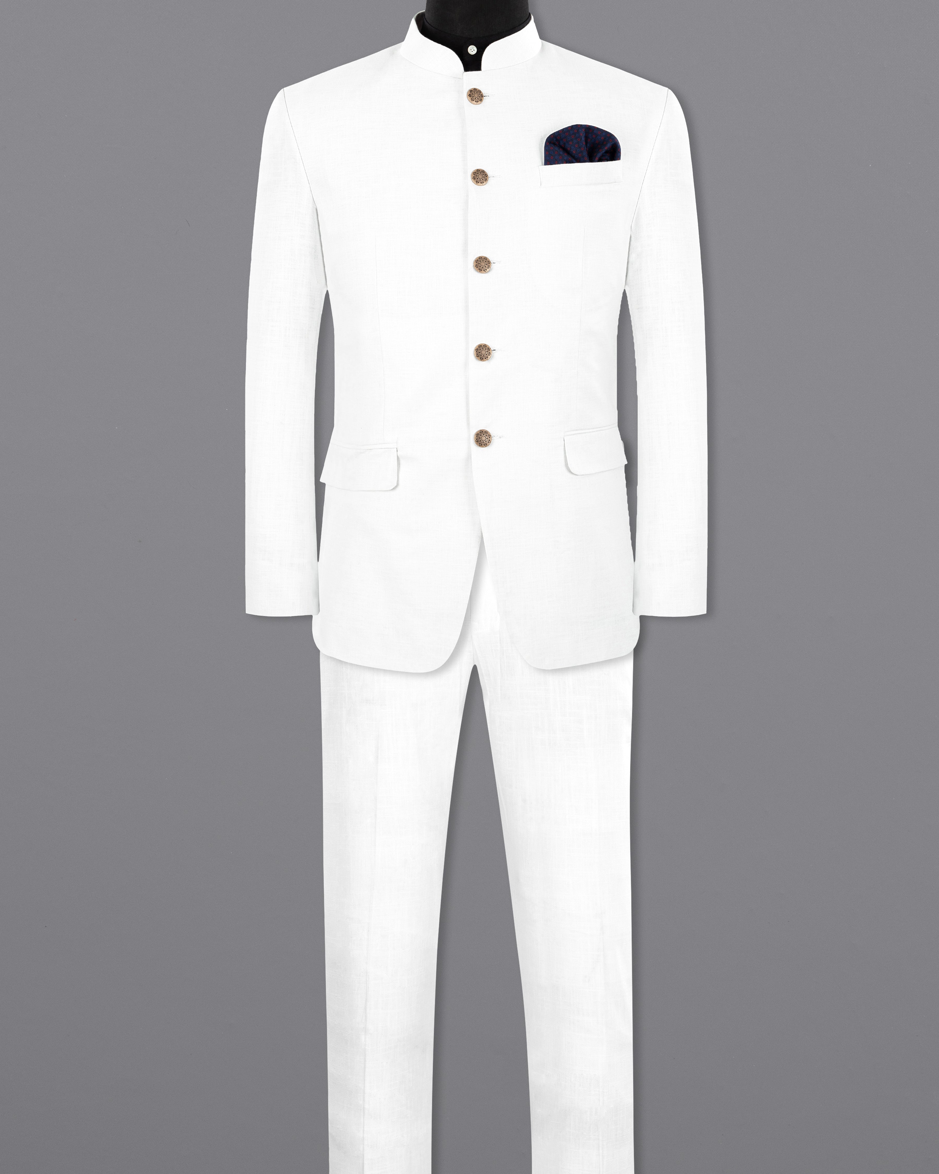 BRIGHT WHITE LUXURIOUS LINEN BANDHGALA/MANDARIN PERFORMANCE SUIT