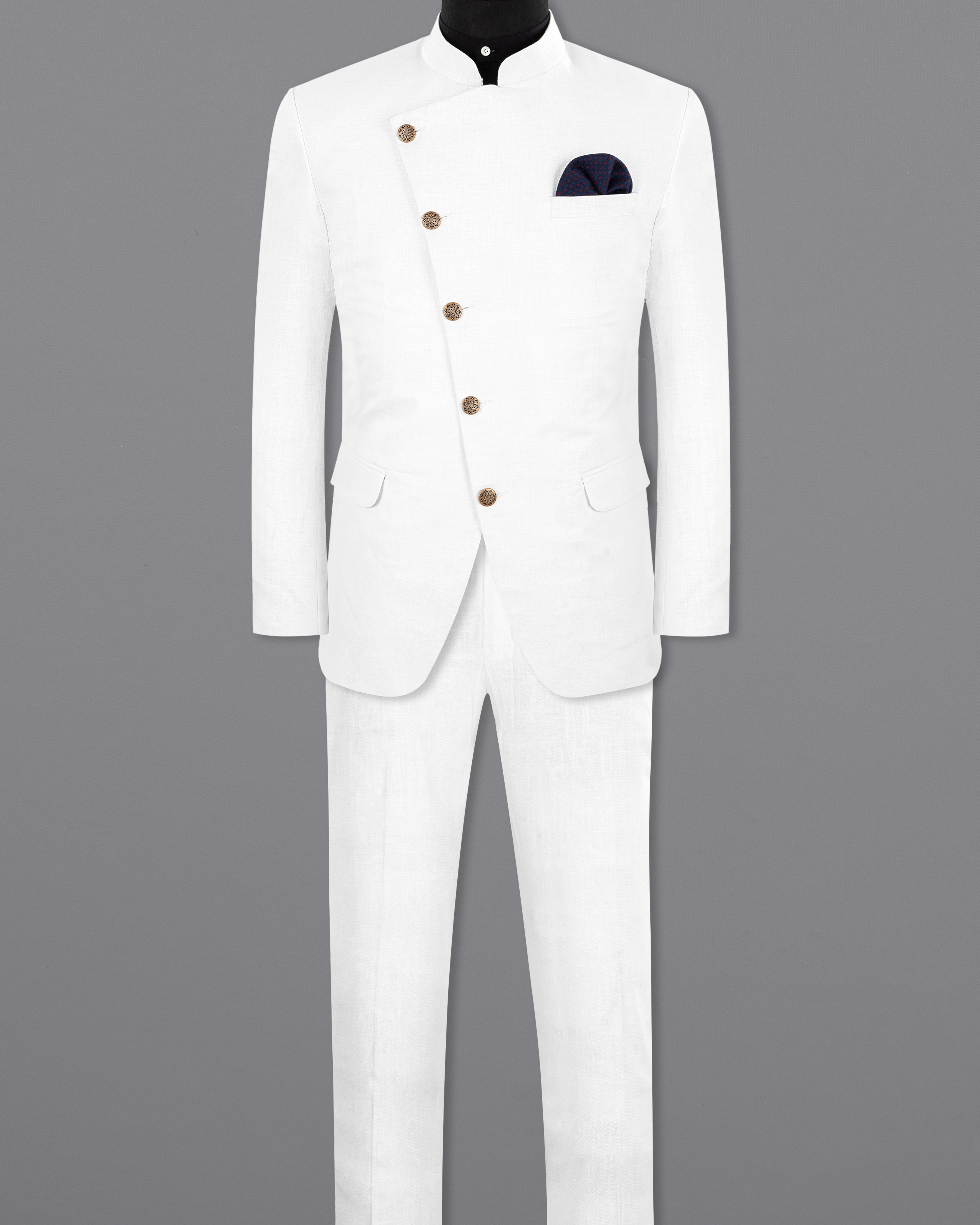 BRIGHT WHITE LUXURIOUS LINEN BANDHGALA/MANDARIN CROSS PLACKET PERFORMANCE SUIT