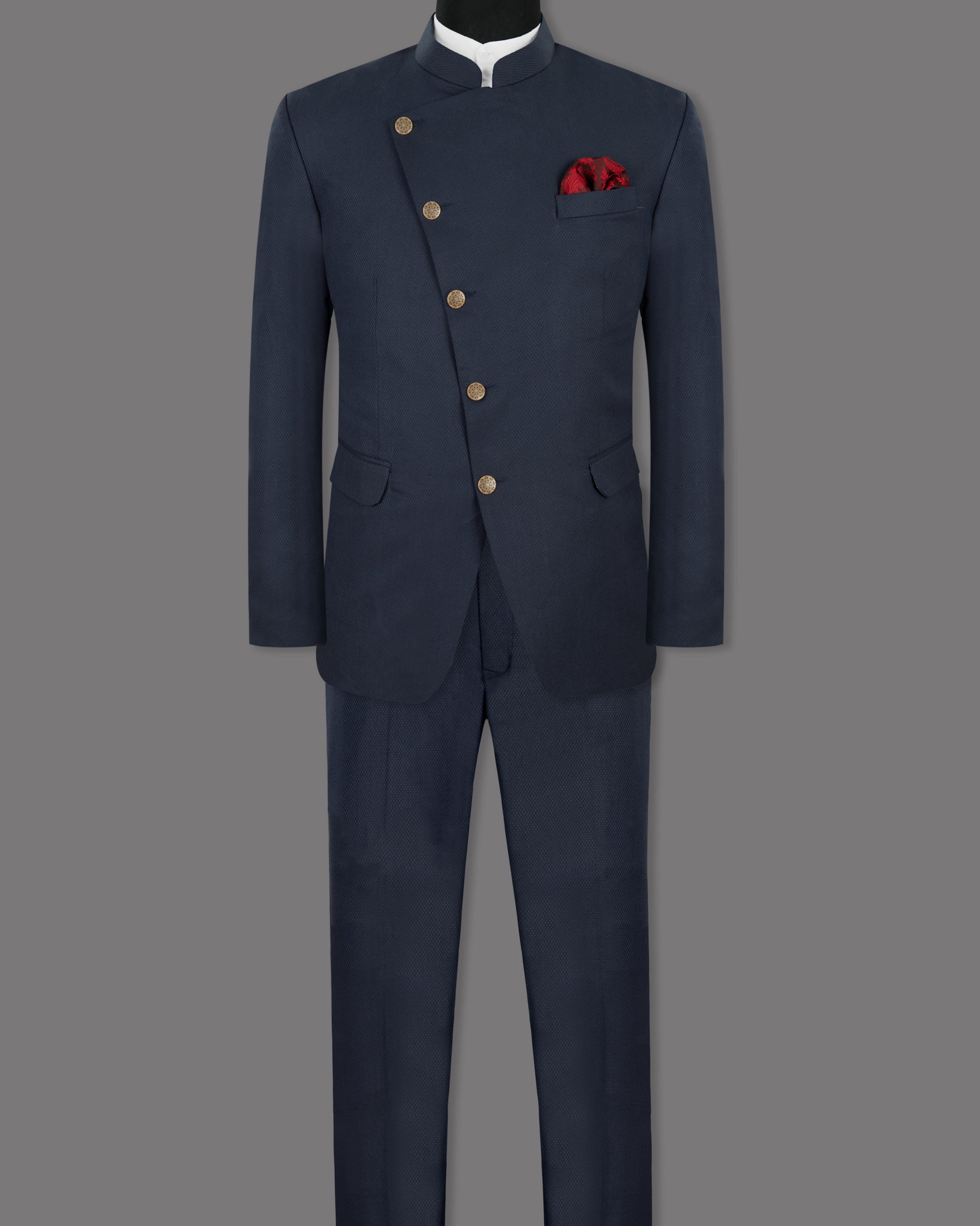 Royal Blue Wool Rich Cross Placket Bandhgala/Mandarin Suit