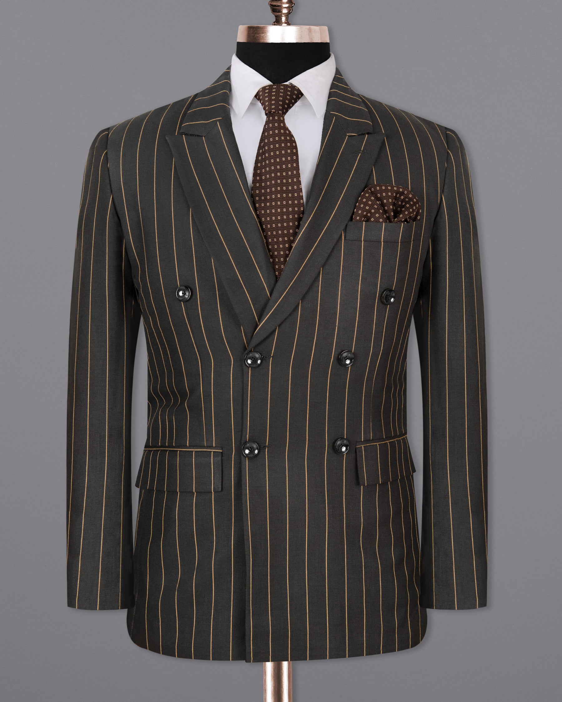 Charcoal Gray with Corvette Yellow Striped DouSTe-Breasted Woolrich Suit ST1289-DB-36, ST1289-DB-38, ST1289-DB-40, ST1289-DB-42, ST1289-DB-44, ST1289-DB-46, ST1289-DB-48, ST1289-DB-50, ST1289-DB-52, ST1289-DB-54, ST1289-DB-56, ST1289-DB-58, ST1289-DB-60