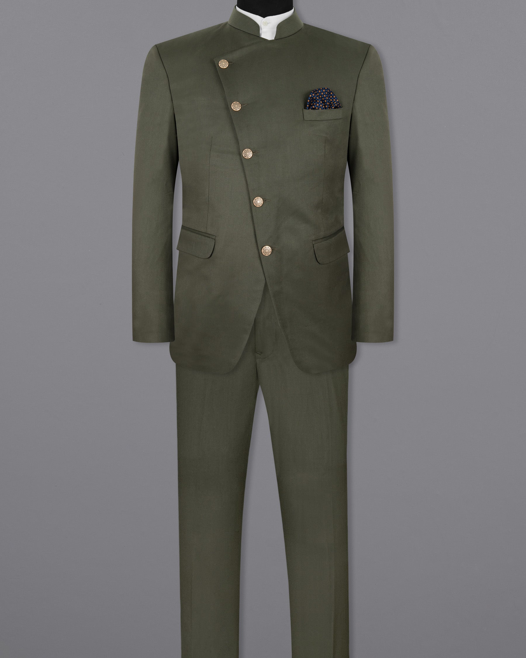 Millbrook Green Cross Buttoned Bandhgala/Mandarin Premium Cotton Suit ST1297-CBG-36, ST1297-CBG-38, ST1297-CBG-40, ST1297-CBG-42, ST1297-CBG-44, ST1297-CBG-46, ST1297-CBG-48, ST1297-CBG-50, ST1297-CBG-52, ST1297-CBG-54, ST1297-CBG-56, ST1297-CBG-58, ST1297-CBG-60