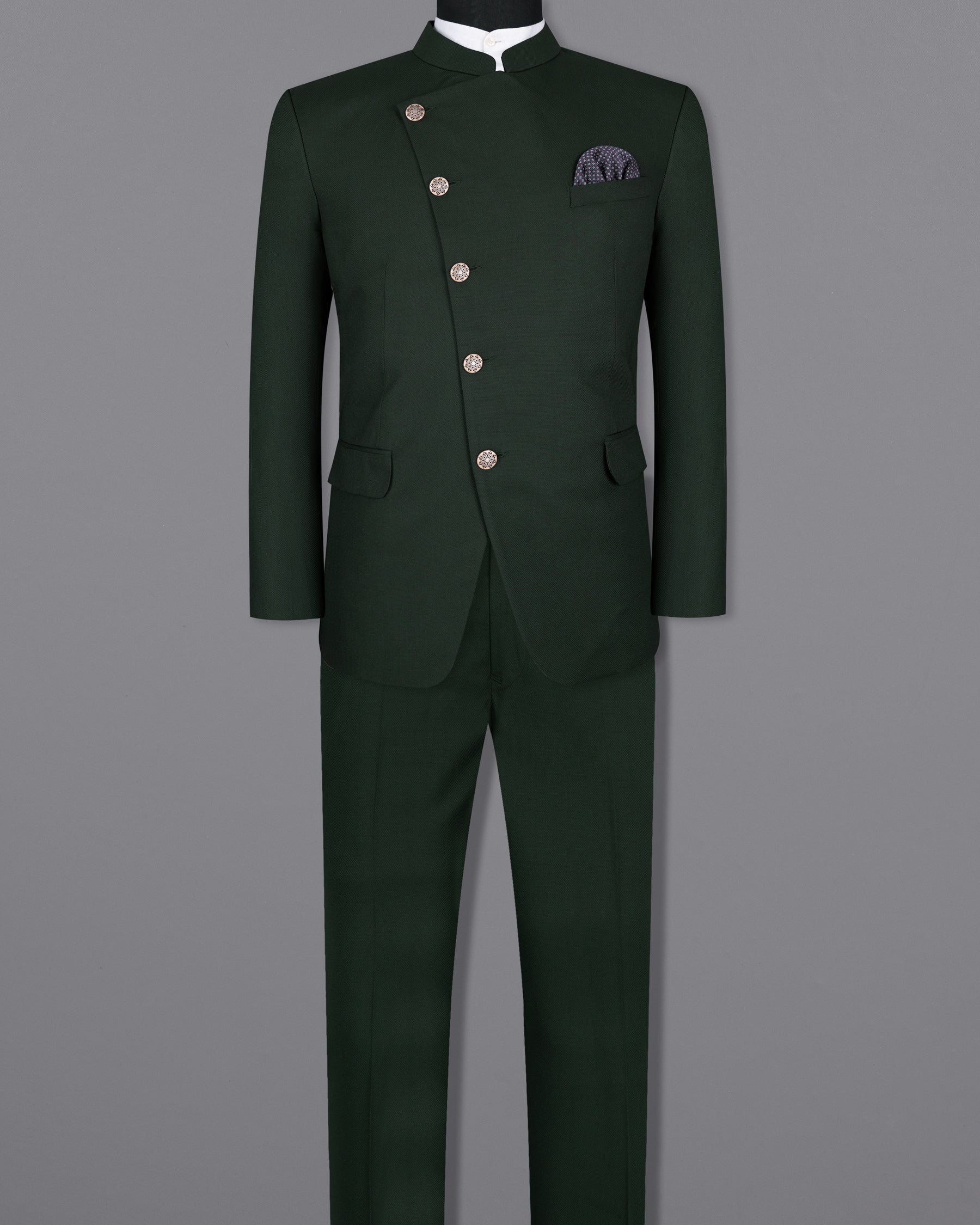 Celtic Green Textured Cross Buttoned Bandhgala Wool Rich Suit ST1404-CBG-36, ST1404-CBG-38, ST1404-CBG-40, ST1404-CBG-42, ST1404-CBG-44, ST1404-CBG-46, ST1404-CBG-48, ST1404-CBG-50, ST1404-CBG-52, ST1404-CBG-54, ST1404-CBG-56, ST1404-CBG-58, ST1404-CBG-60