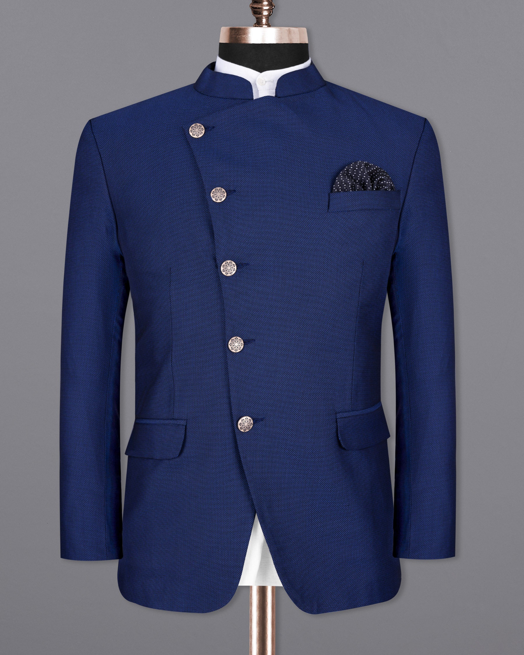 Royal Blue Cross Placket  Bandhgala Wool rich Suit