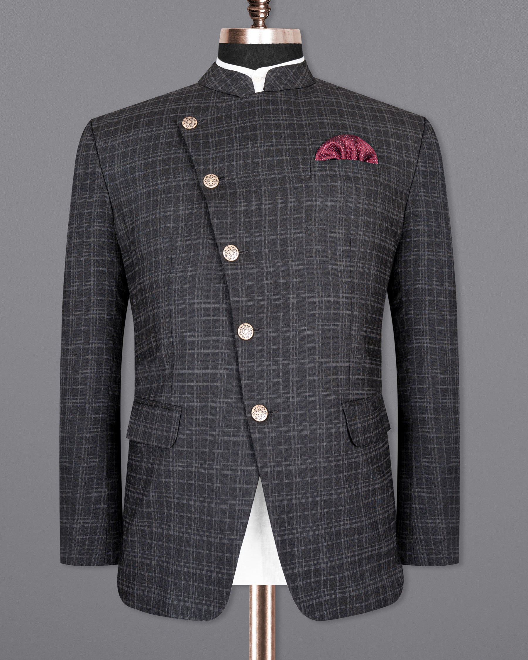 Star Dust and Shark Grey Plaid Cross Placket Bandhgala Wool rich Suit