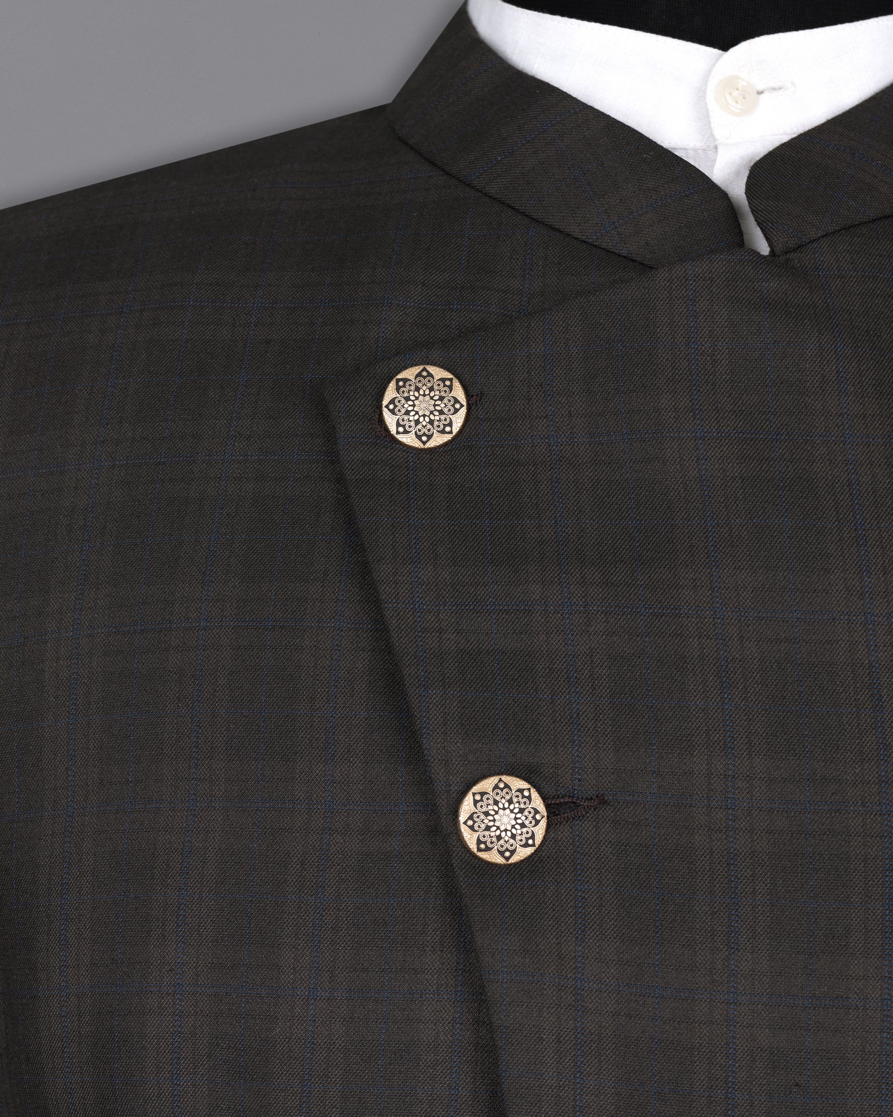 Thunder brown Plaid Cross Buttoned Bandhgala Wool Rich Suit ST1424-CBG-36, ST1424-CBG-38, ST1424-CBG-40, ST1424-CBG-42, ST1424-CBG-44, ST1424-CBG-46, ST1424-CBG-48, ST1424-CBG-50, ST1424-CBG-52, ST1424-CBG-54, ST1424-CBG-56, ST1424-CBG-58, ST1424-CBG-60