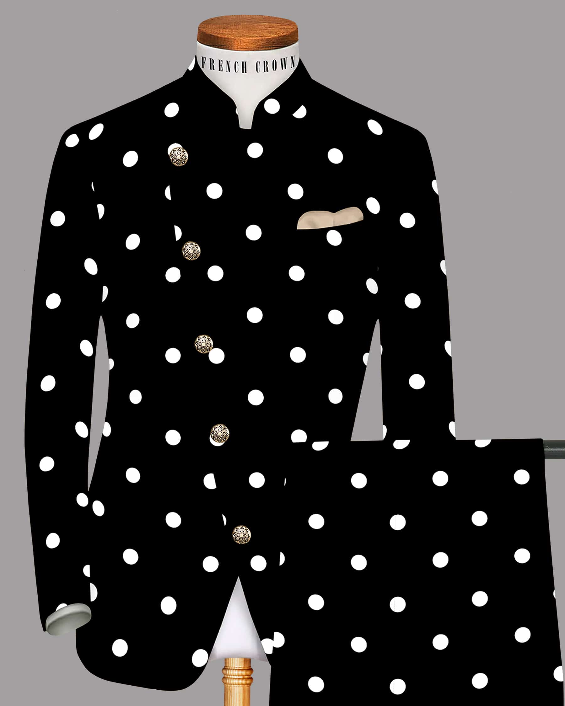 Jade Black Polka Print Cross Buttoned bandhgala/Mandarin Suit