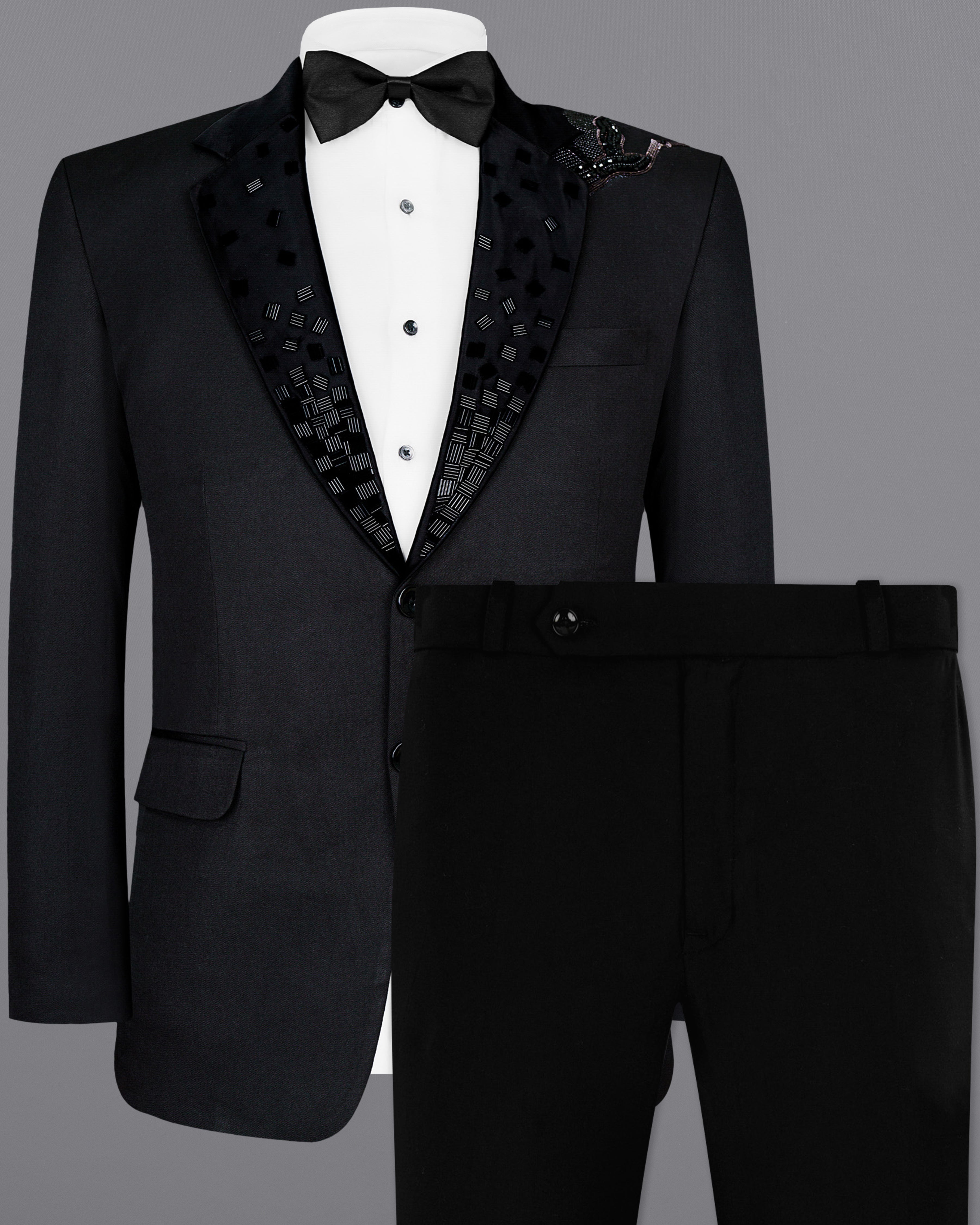 Jade Black Subtle Sheen Swan Patterned Wool Rich Tuxedo Suit