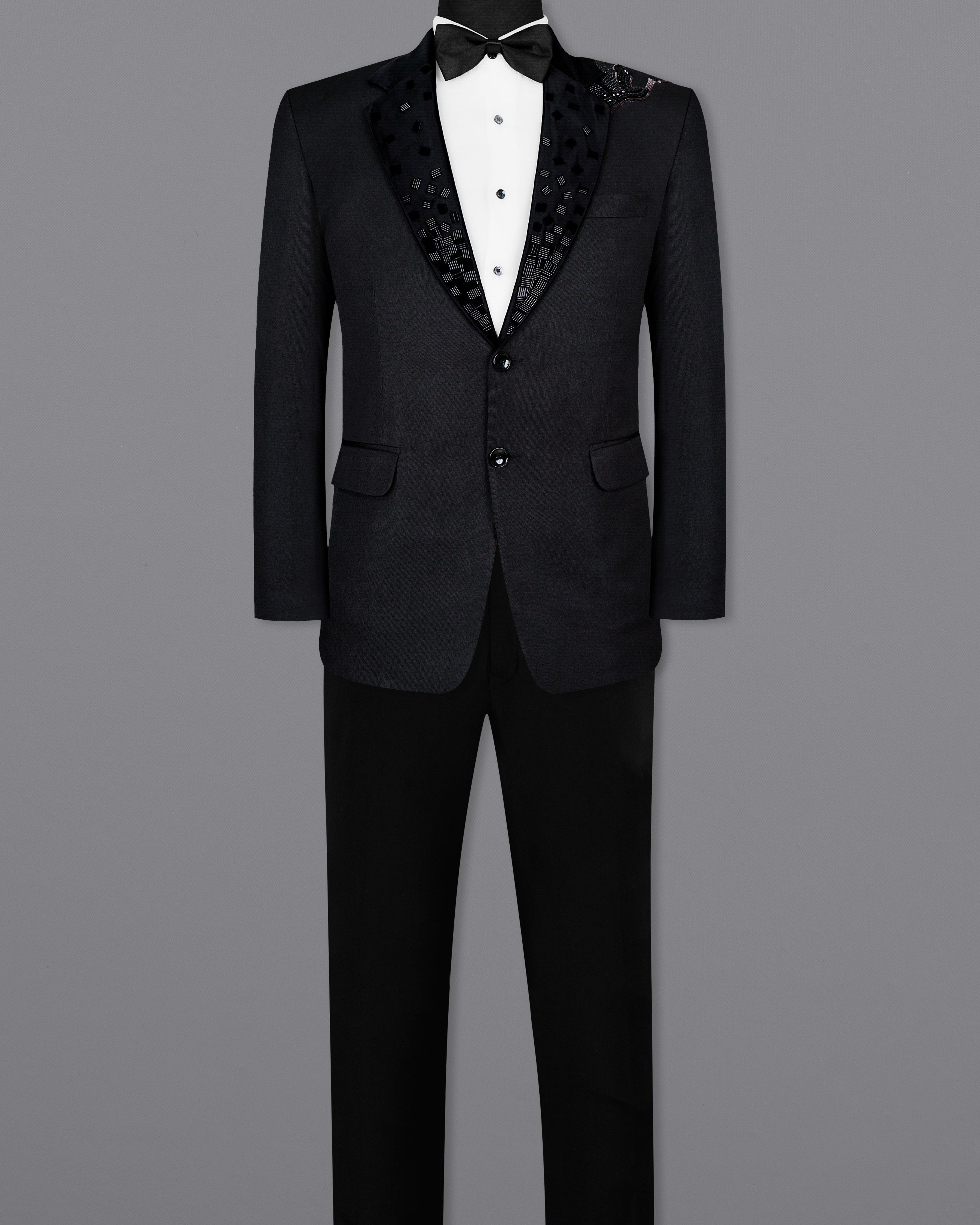 Jade Black Stretchable Subtle Sheen Swan Patterned Wool Rich Tuxedo Suit