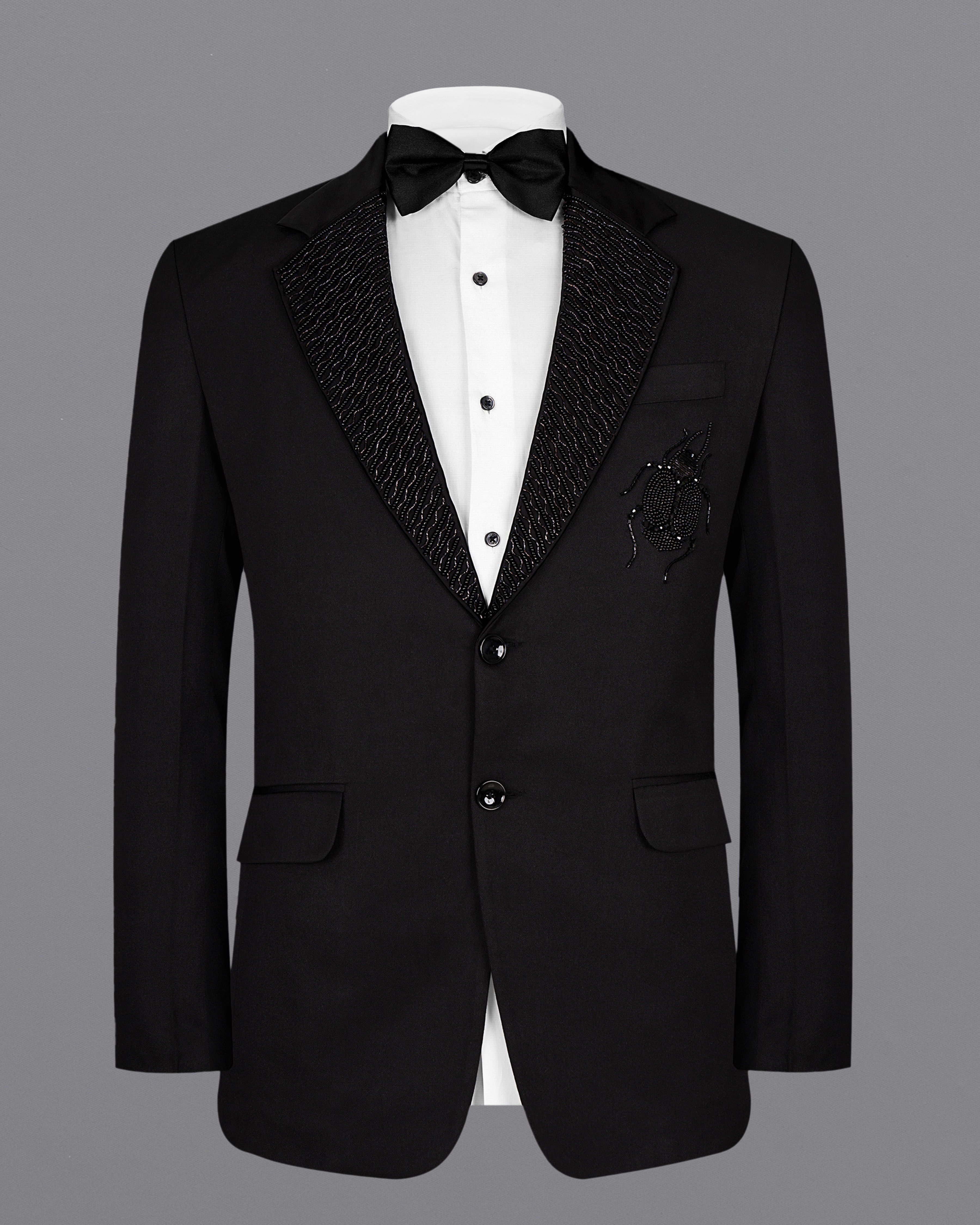 Jade Black Subtle Sheen Ladybird Patterned Wool Rich Tuxedo Suit