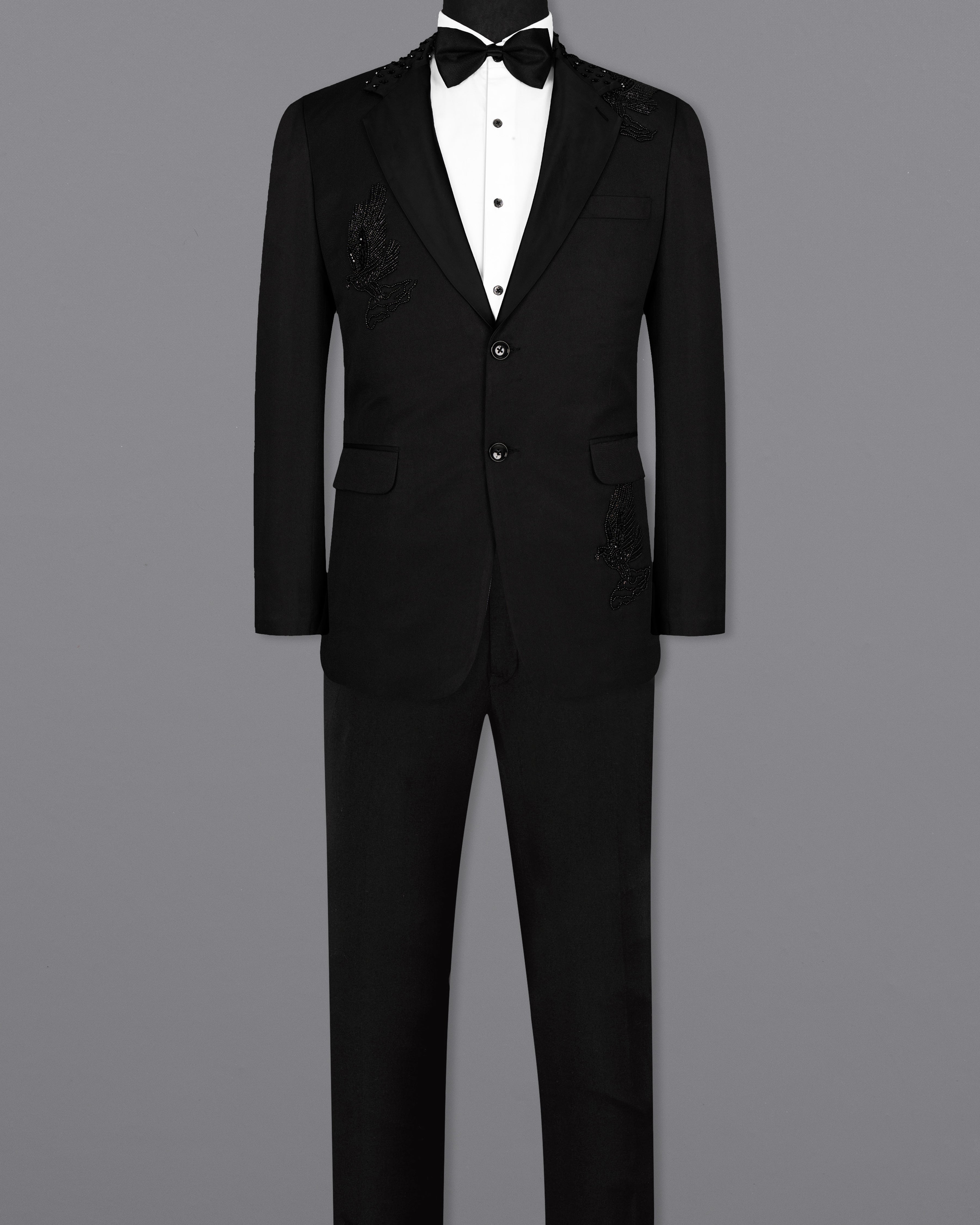 Jade Black Stretchable Subtle Sheen Pigeon Patterned Wool Rich Tuxedo Suit