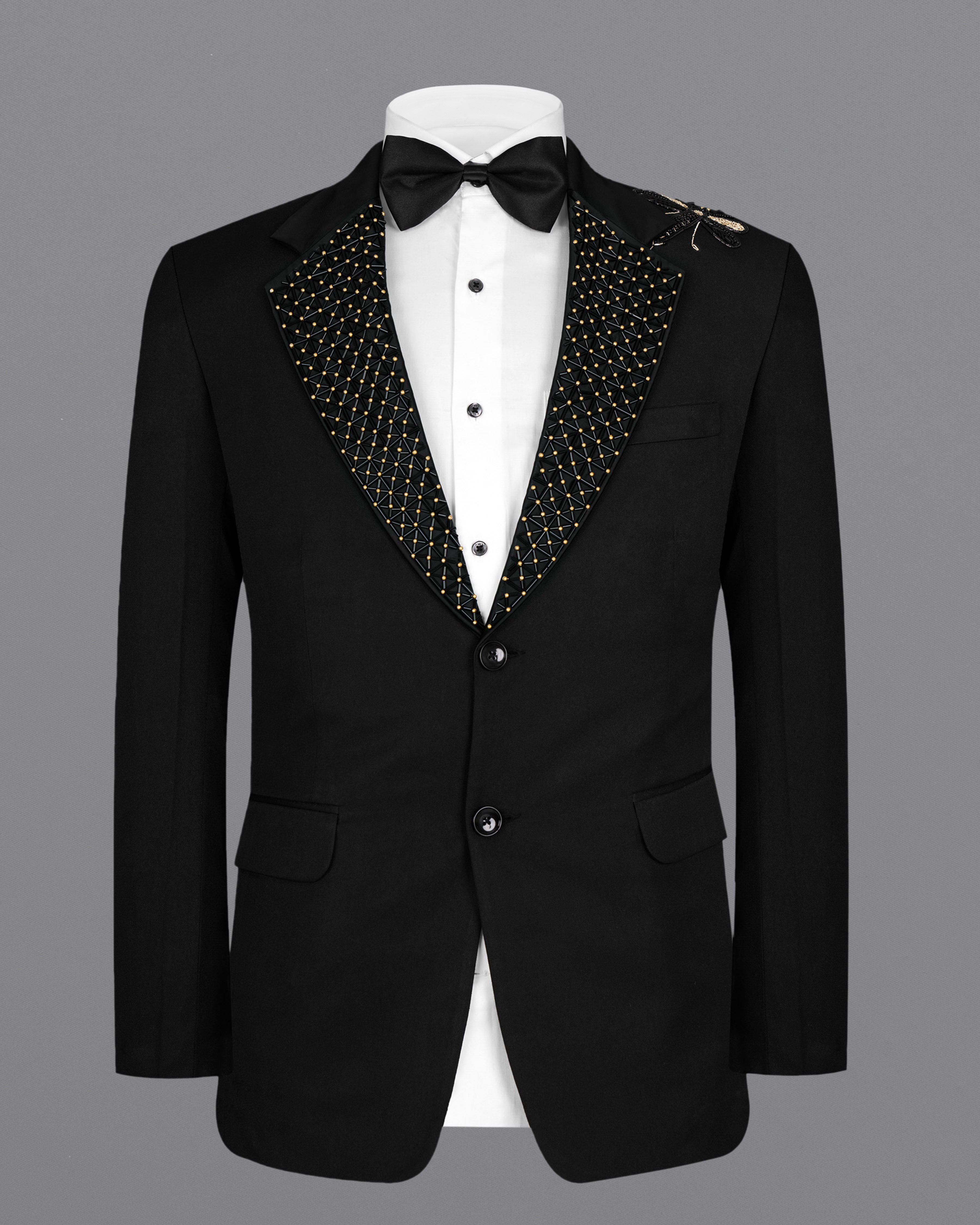 Jade Black Stretchable Subtle Sheen Moth Patterned Wool Rich Tuxedo Suit