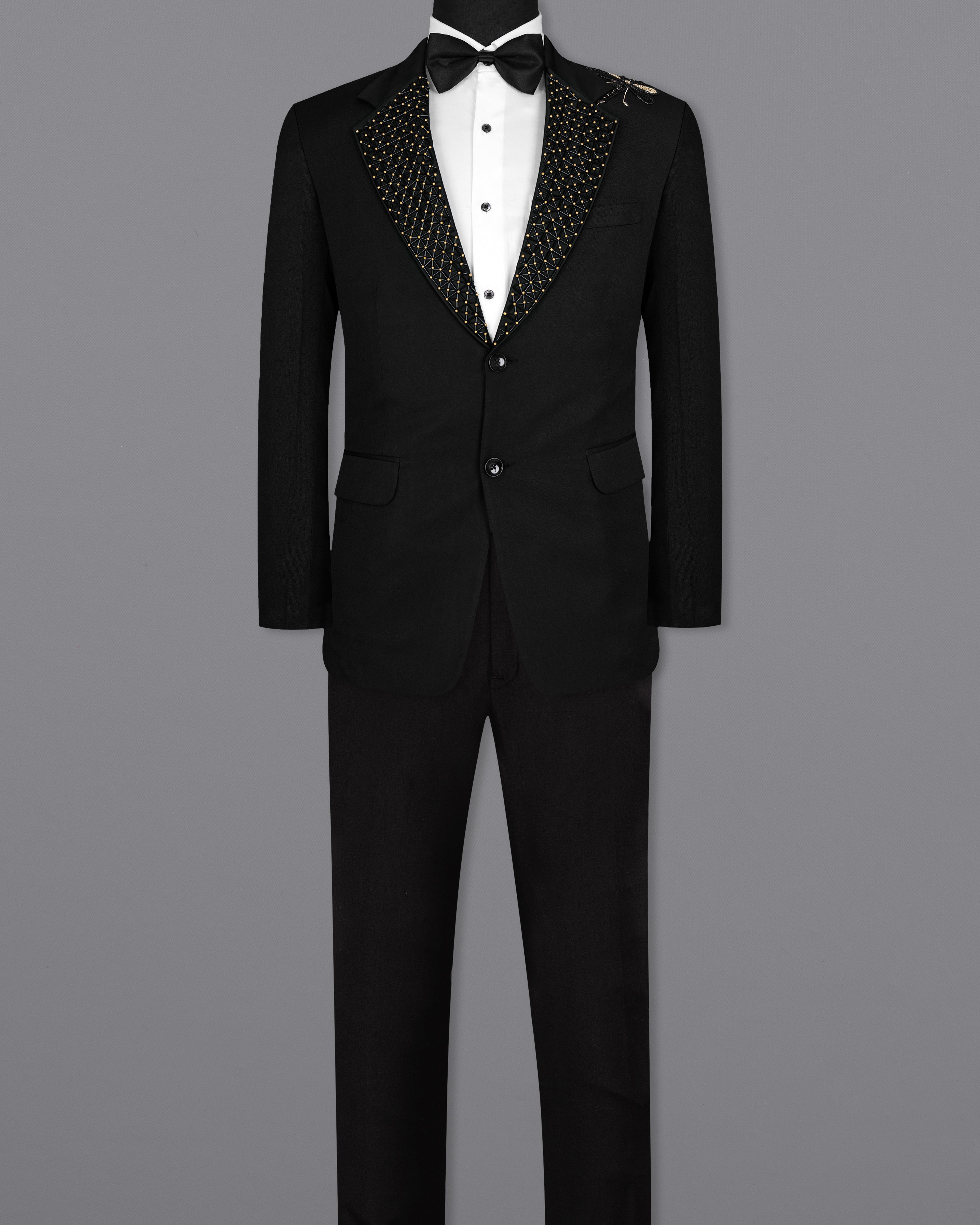 Jade Black Stretchable Subtle Sheen Moth Patterned Wool Rich Tuxedo Suit