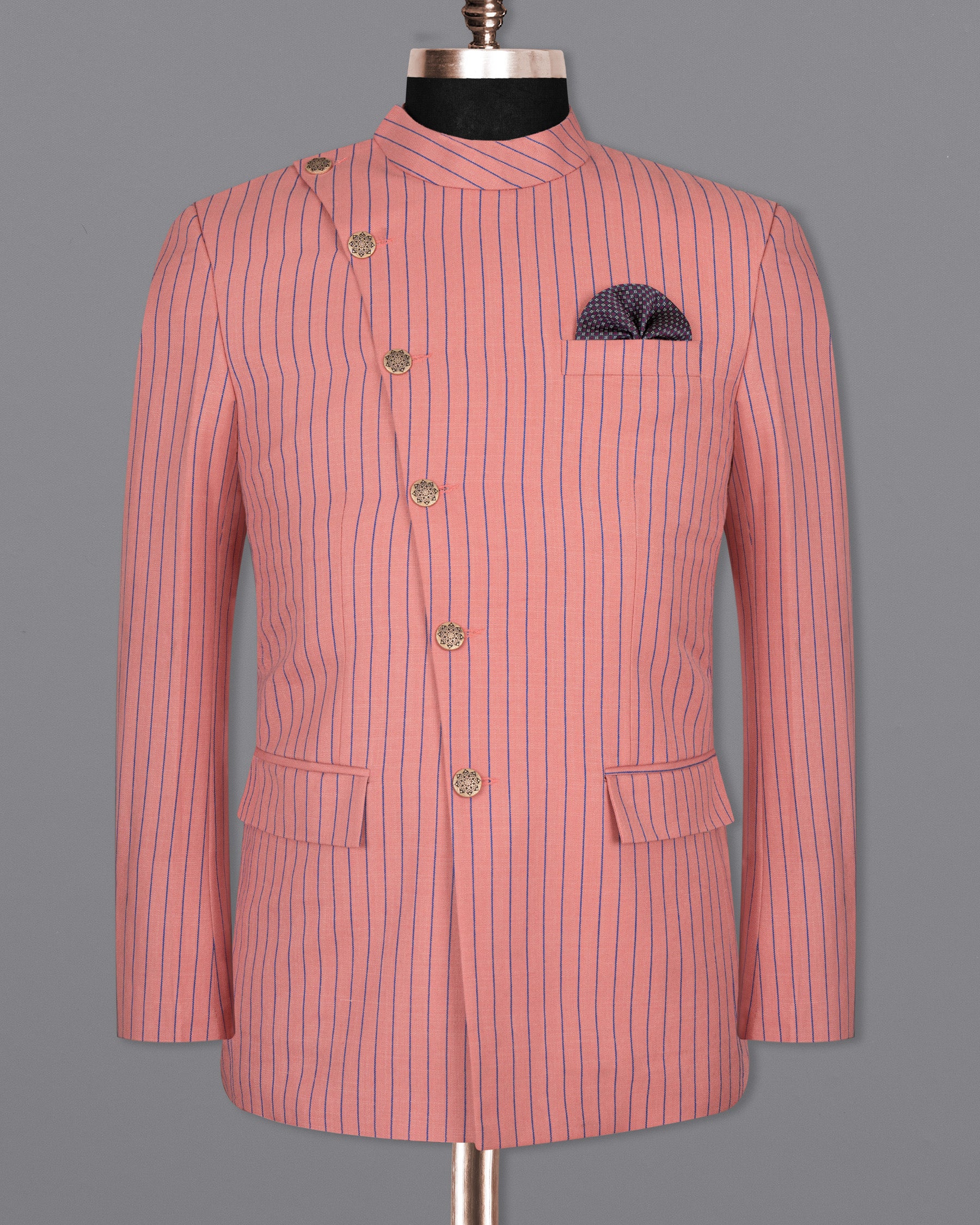 Petite Orchid Striped Wool Rich Cross Placket Bandhgala Suit