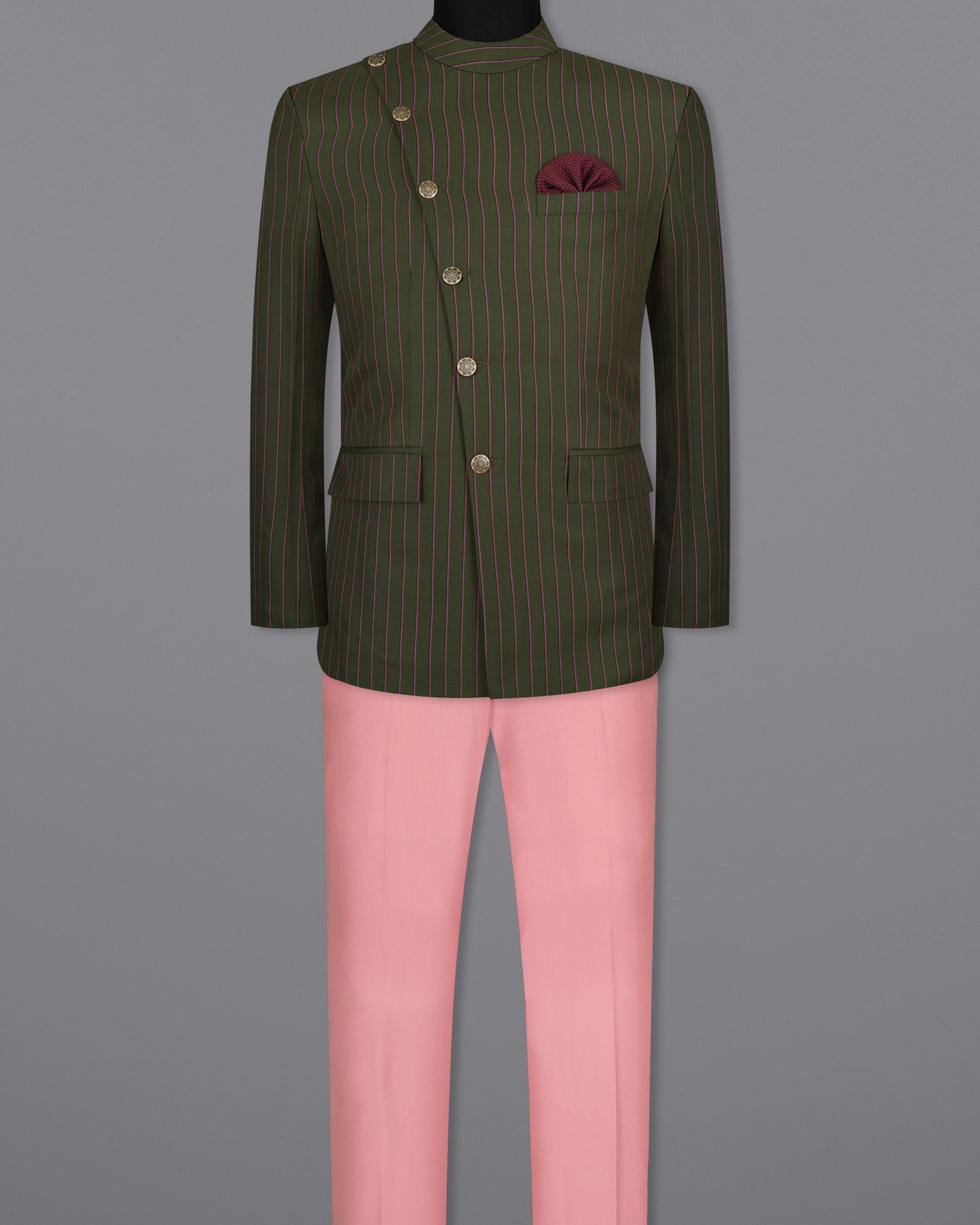 Kelp Green Woolrich Striped Cross buttoned Bandhgala Suit ST1516-CBG2-36, ST1516-CBG2-38, ST1516-CBG2-40, ST1516-CBG2-42, ST1516-CBG2-44, ST1516-CBG2-46, ST1516-CBG2-48, ST1516-CBG2-50, ST1516-CBG2-52, ST1516-CBG2-54, ST1516-CBG2-56, ST1516-CBG2-58, ST1516-CBG2-60