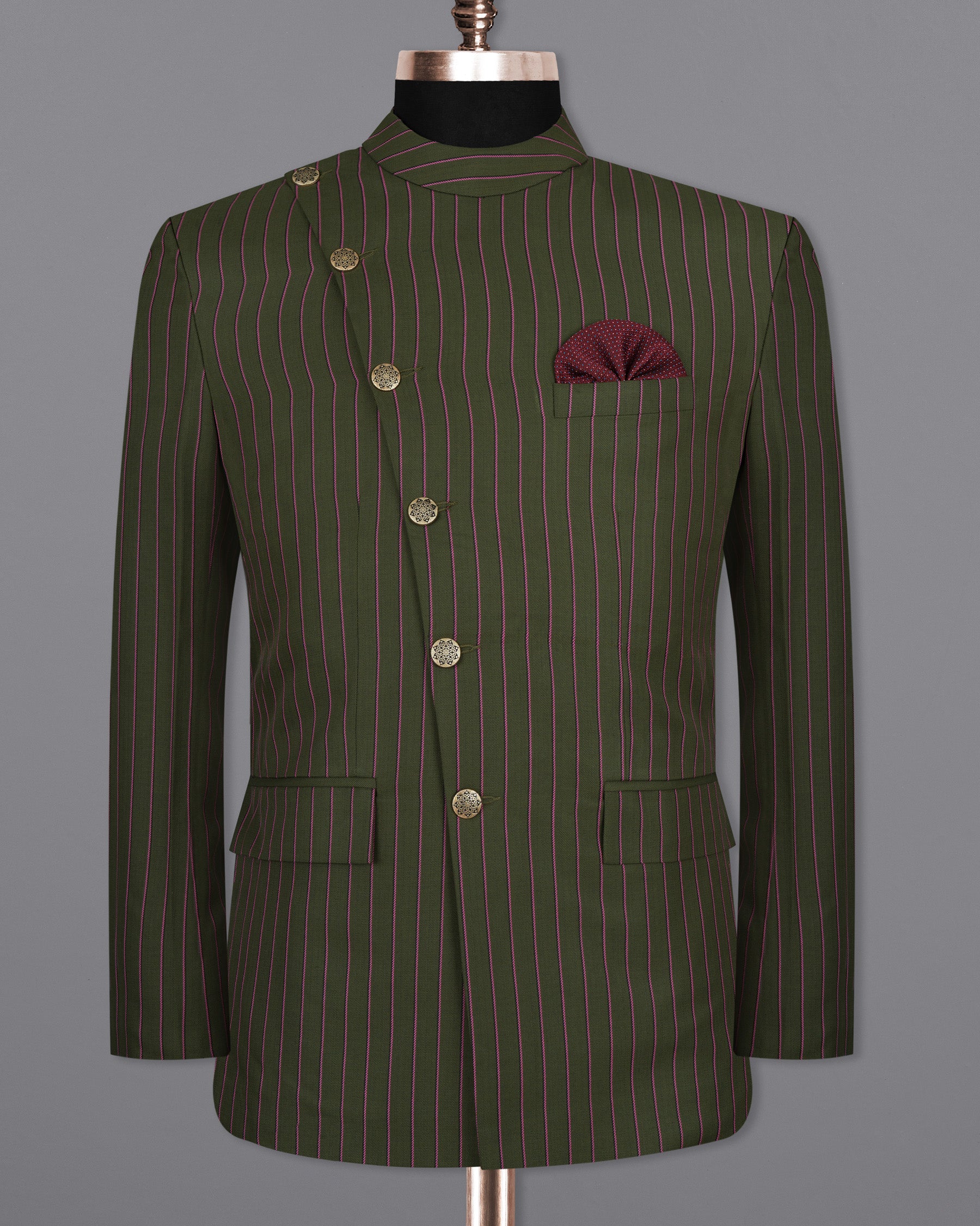 Kelp Green Woolrich Striped Cross buttoned Bandhgala Suit ST1516-CBG2-36, ST1516-CBG2-38, ST1516-CBG2-40, ST1516-CBG2-42, ST1516-CBG2-44, ST1516-CBG2-46, ST1516-CBG2-48, ST1516-CBG2-50, ST1516-CBG2-52, ST1516-CBG2-54, ST1516-CBG2-56, ST1516-CBG2-58, ST1516-CBG2-60