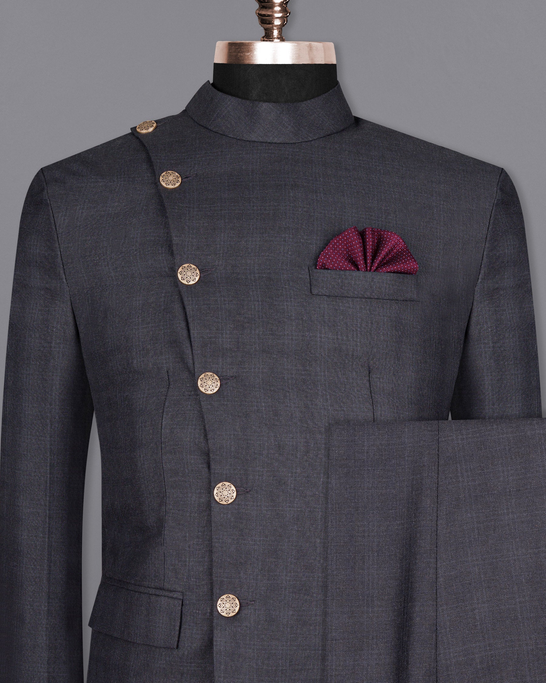 Gravel Grey Subtle Plaid Cross Buttoned Bandhgala Wool Rich Suit ST1567-CBG2-36, ST1567-CBG2-38, ST1567-CBG2-40, ST1567-CBG2-42, ST1567-CBG2-44, ST1567-CBG2-46, ST1567-CBG2-48, ST1567-CBG2-50, ST1567-CBG2-52, ST1567-CBG2-54, ST1567-CBG2-56, ST1567-CBG2-58, ST1567-CBG2-60