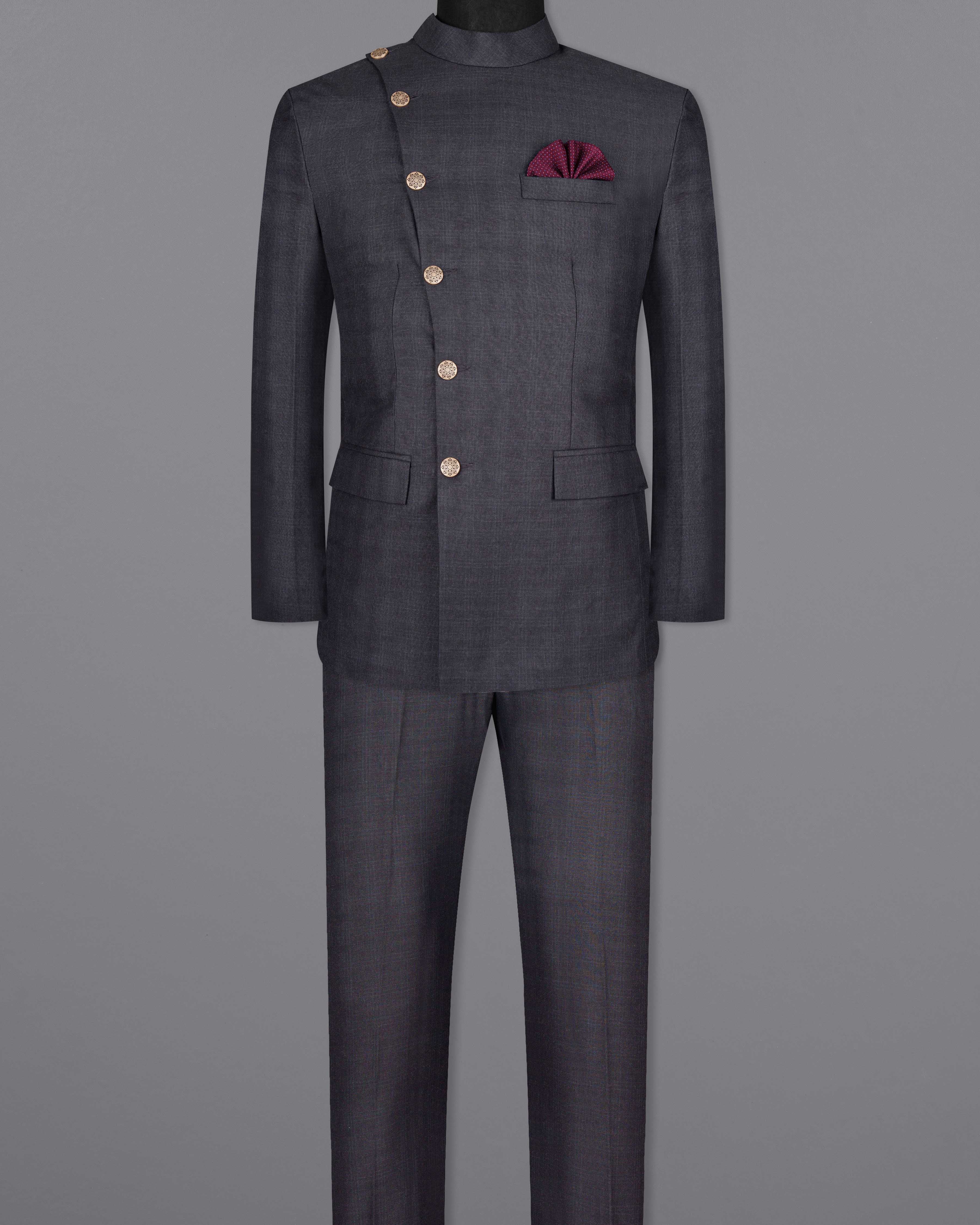 Gravel Grey Subtle Plaid Cross Buttoned Bandhgala Wool Rich Suit ST1567-CBG2-36, ST1567-CBG2-38, ST1567-CBG2-40, ST1567-CBG2-42, ST1567-CBG2-44, ST1567-CBG2-46, ST1567-CBG2-48, ST1567-CBG2-50, ST1567-CBG2-52, ST1567-CBG2-54, ST1567-CBG2-56, ST1567-CBG2-58, ST1567-CBG2-60