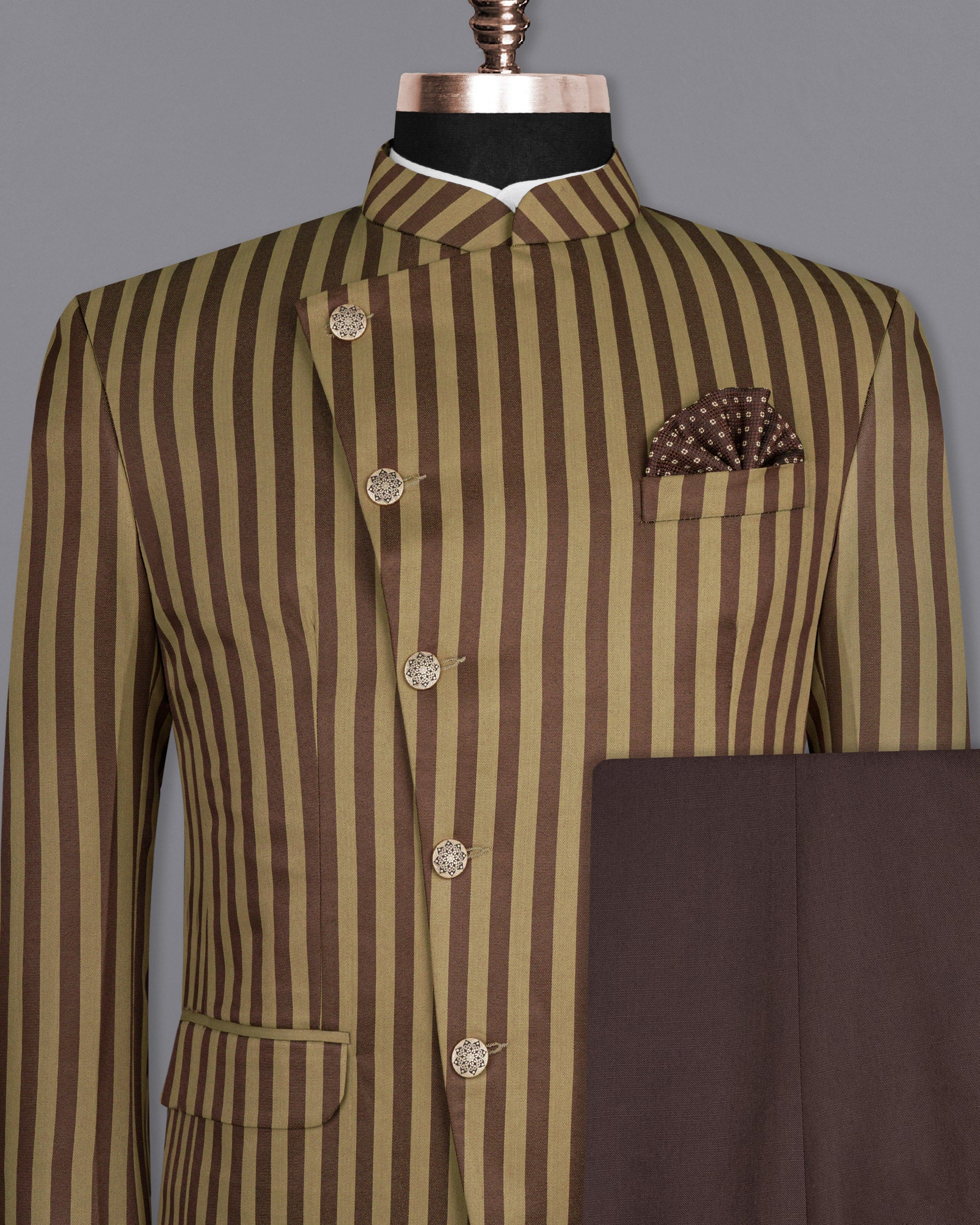 Muesli STriped Cross Buttoned Bandhgala Wool Rich Suit ST1583-CBG-36, ST1583-CBG-38, ST1583-CBG-40, ST1583-CBG-42, ST1583-CBG-44, ST1583-CBG-46, ST1583-CBG-48, ST1583-CBG-50, ST1583-CBG-52, ST1583-CBG-54, ST1583-CBG-56, ST1583-CBG-58, ST1583-CBG-60