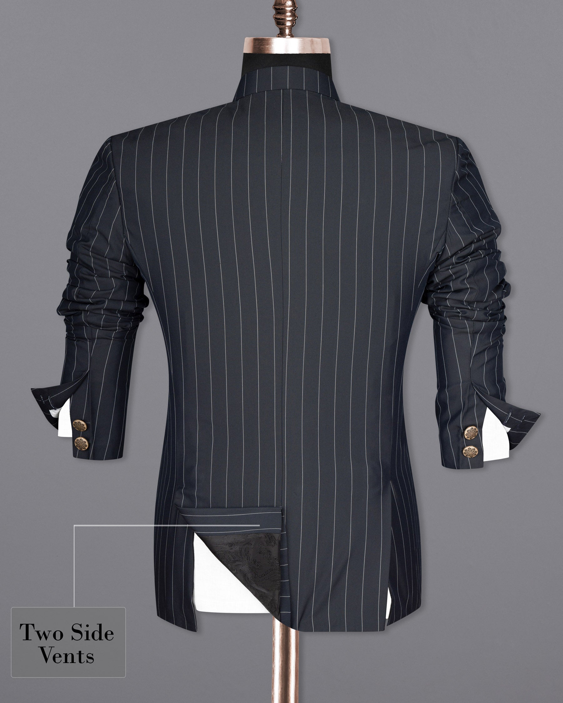 Charcoal Striped Cross Buttoned Wool Rich Bandhgala Suit ST1590-CBG-36, ST1590-CBG-38, ST1590-CBG-40, ST1590-CBG-42, ST1590-CBG-44, ST1590-CBG-46, ST1590-CBG-48, ST1590-CBG-50, ST1590-CBG-52, ST1590-CBG-54, ST1590-CBG-56, ST1590-CBG-58, ST1590-CBG-60