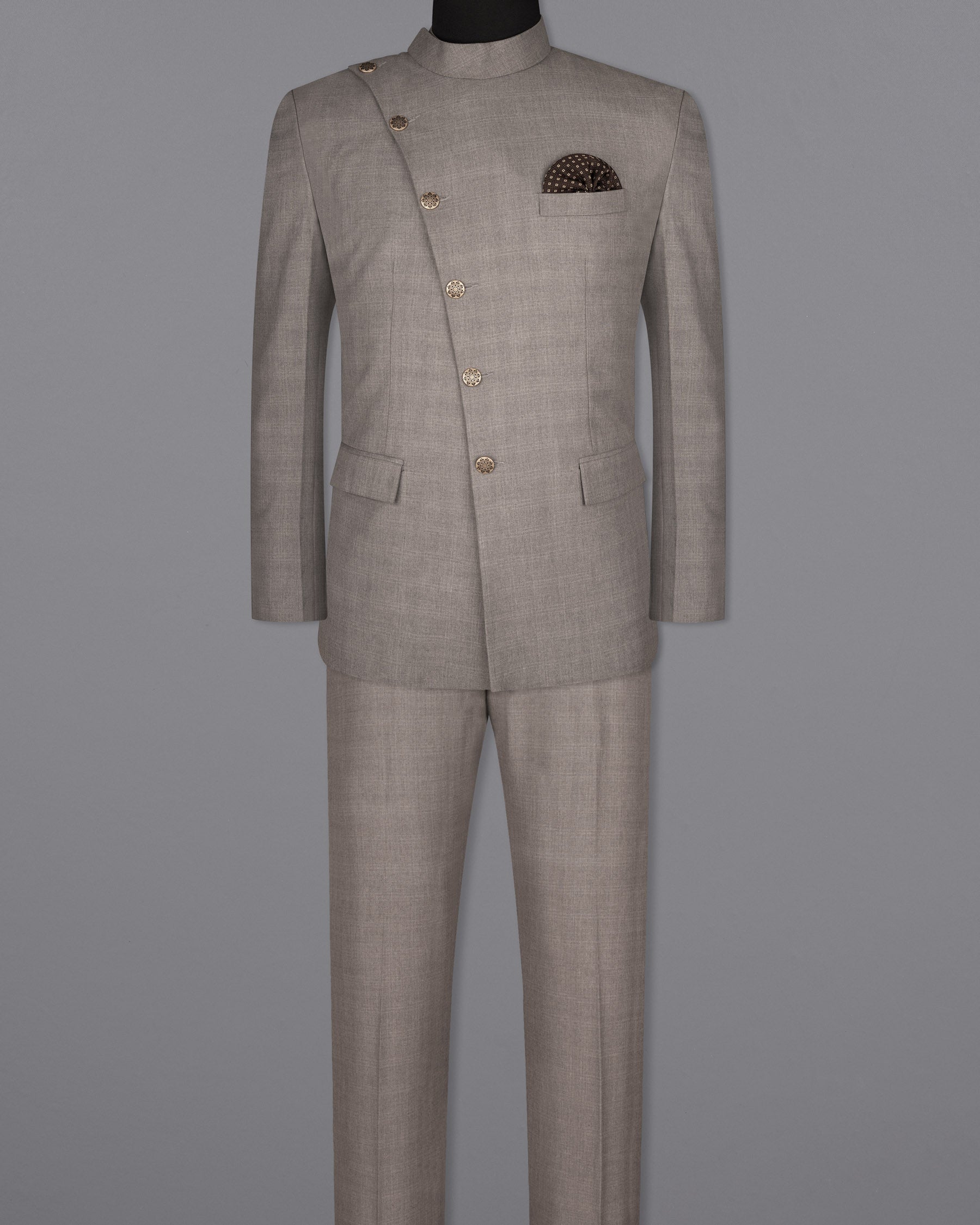 Venus Gray Subtle Plaid Cross Buttoned Wool Rich Bandhgala Suit ST1595-CBG2-36, ST1595-CBG2-38, ST1595-CBG2-40, ST1595-CBG2-42, ST1595-CBG2-44, ST1595-CBG2-46, ST1595-CBG2-48, ST1595-CBG2-50, ST1595-CBG2-52, ST1595-CBG2-54, ST1595-CBG2-56, ST1595-CBG2-58, ST1595-CBG2-60