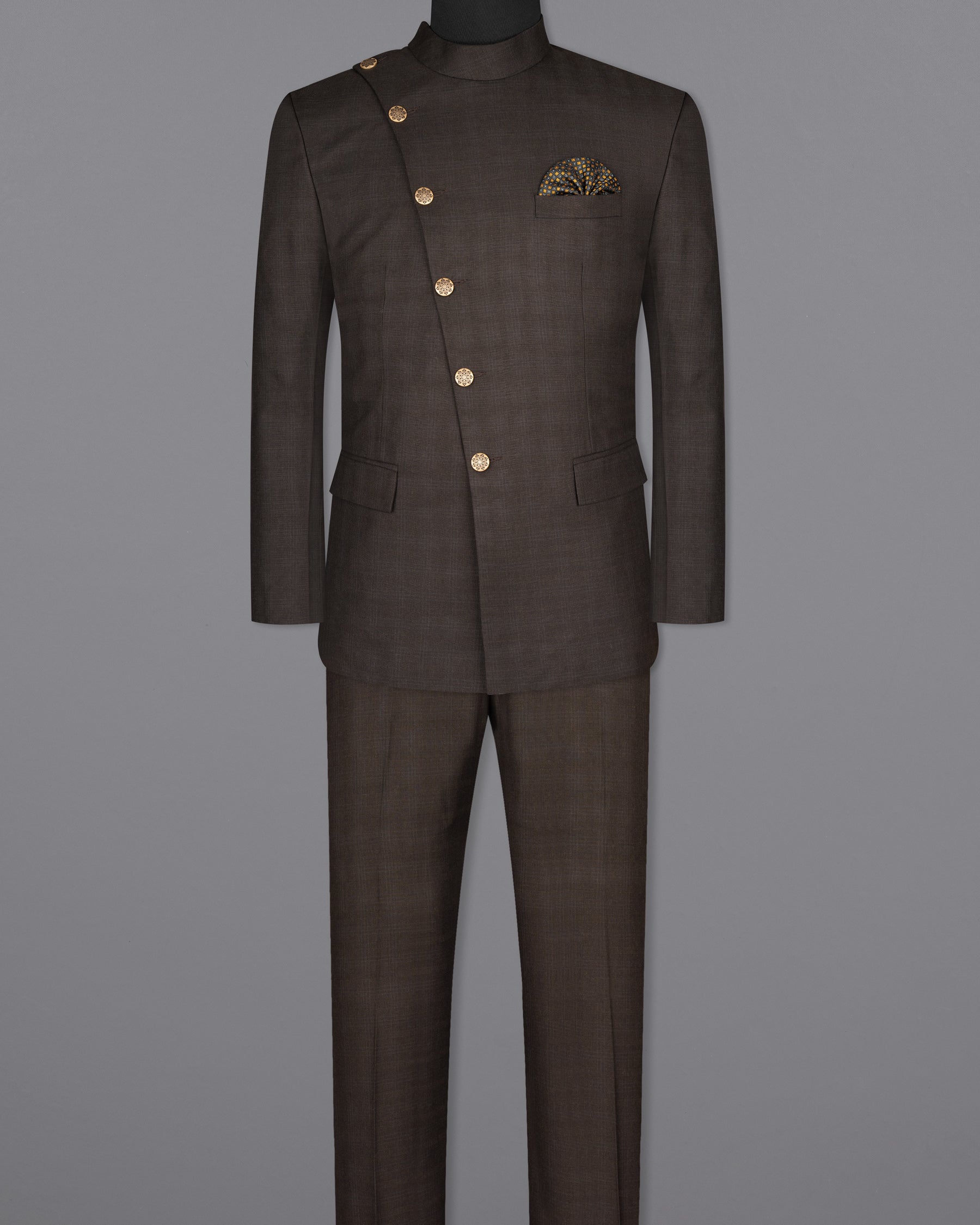 Armadillo Brown subtle windowpane Cross Buttoned Wool Rich Bandhgala Suit ST1598-CBG2-36, ST1598-CBG2-38, ST1598-CBG2-40, ST1598-CBG2-42, ST1598-CBG2-44, ST1598-CBG2-46, ST1598-CBG2-48, ST1598-CBG2-50, ST1598-CBG2-52, ST1598-CBG2-54, ST1598-CBG2-56, ST1598-CBG2-58, ST1598-CBG2-60