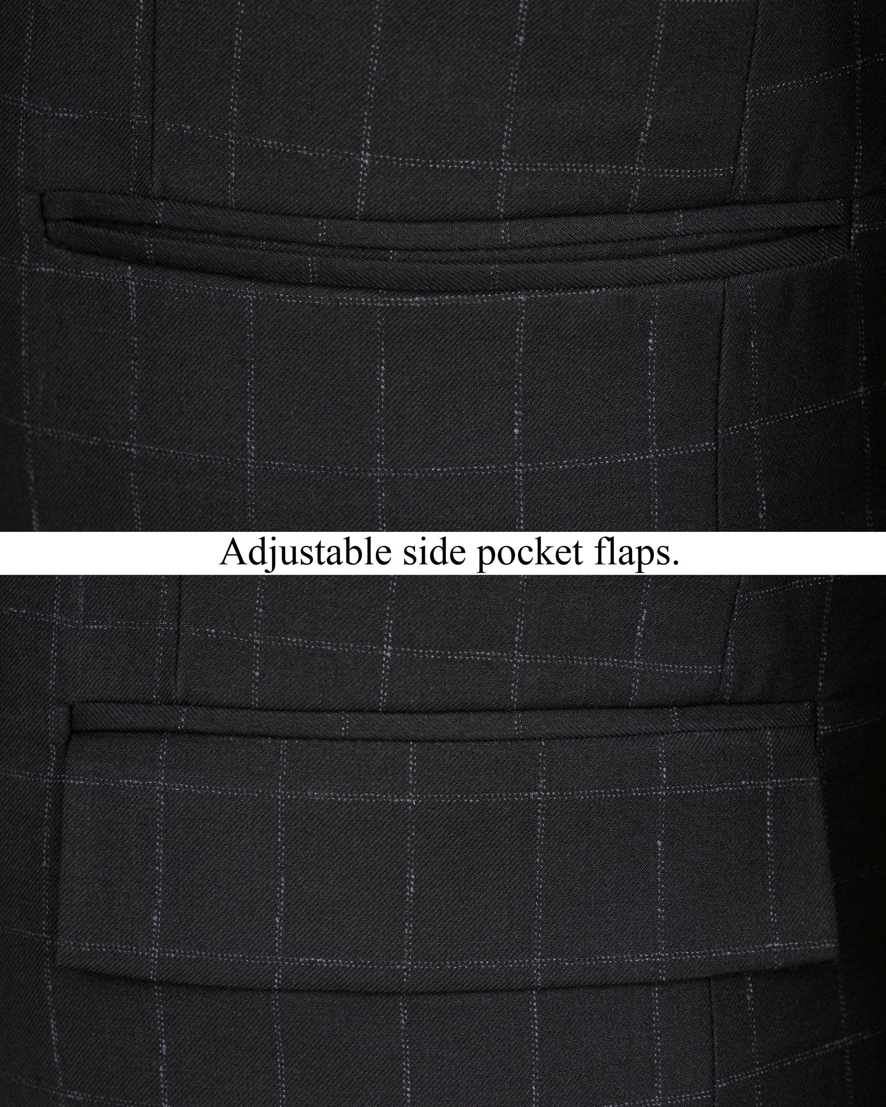 Log Cabin Black Super fine  Windowpane Cross Placket Wool Rich Bandhgala Suit