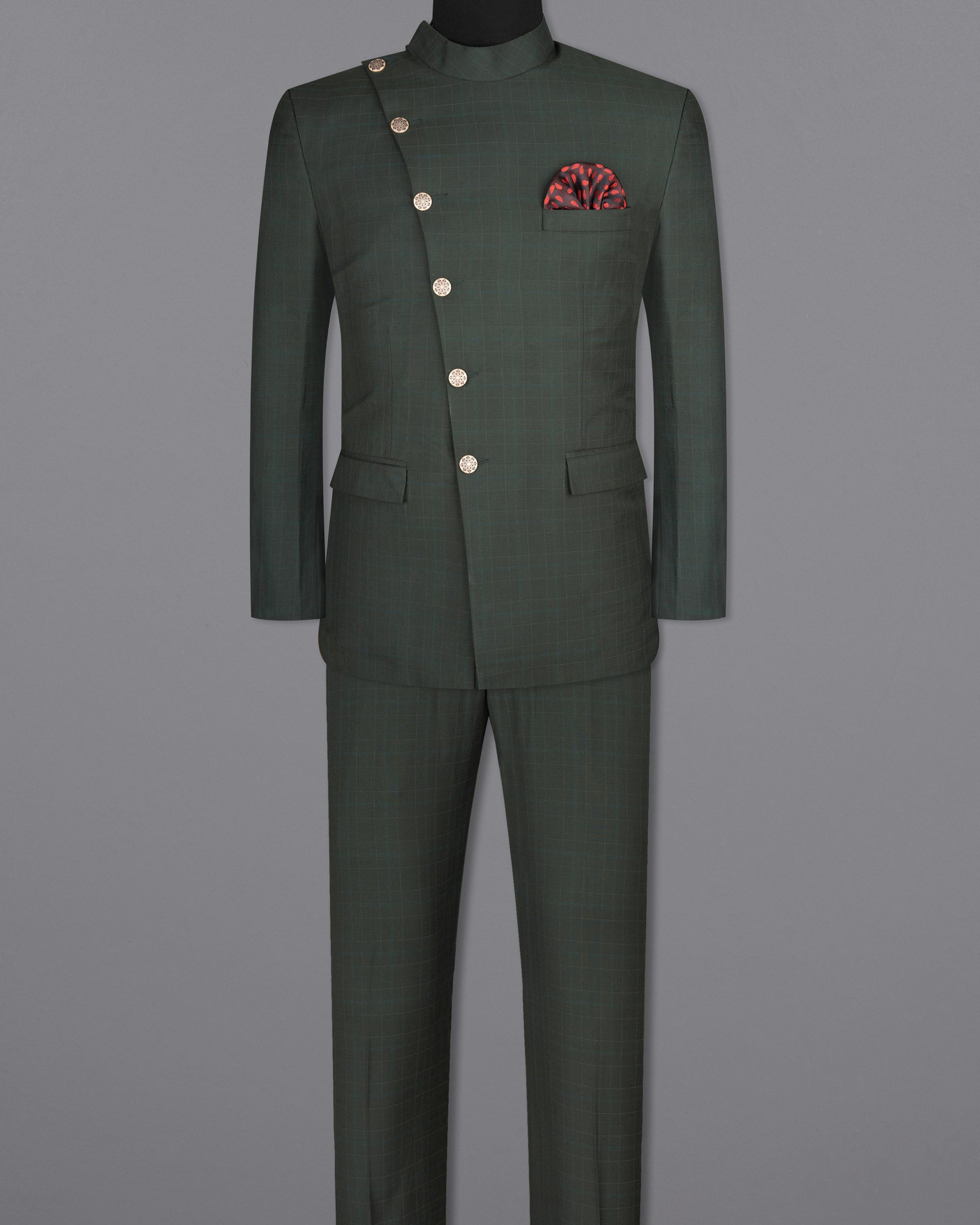 Dune Green Super fine Plaid Woolrich Cross buttoned Bandhgala Suit ST1627-CBG2-36, ST1627-CBG2-38, ST1627-CBG2-40, ST1627-CBG2-42, ST1627-CBG2-44, ST1627-CBG2-46, ST1627-CBG2-48, ST1627-CBG2-50, ST1627-CBG2-52, ST1627-CBG2-54, ST1627-CBG2-56, ST1627-CBG2-58, ST1627-CBG2-60