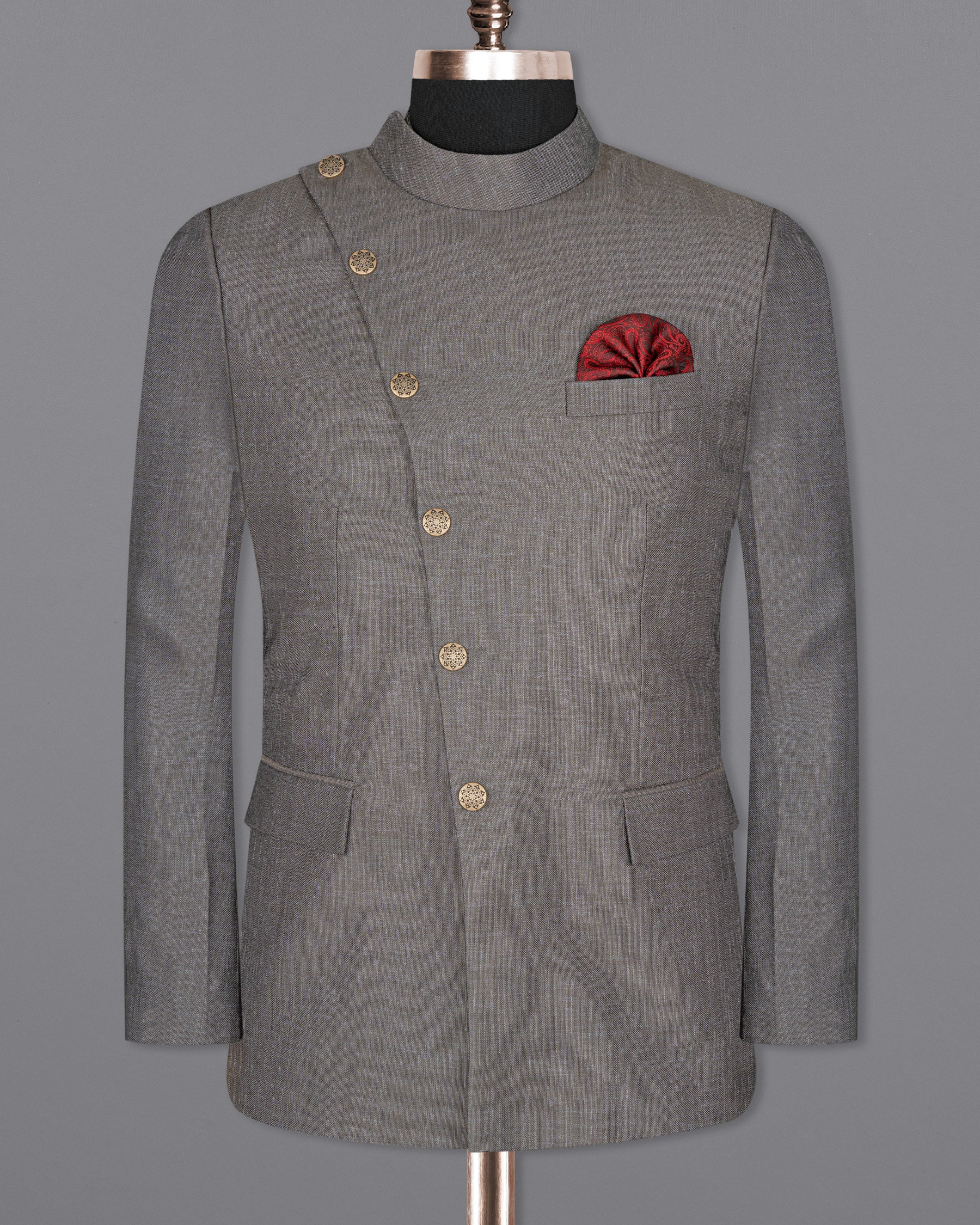 Sandstone Gray Cross Buttoned Bandhgala Designer Suit ST1647-CBG2-36, ST1647-CBG2-38, ST1647-CBG2-40, ST1647-CBG2-42, ST1647-CBG2-44, ST1647-CBG2-46, ST1647-CBG2-48, ST1647-CBG2-50, ST1647-CBG2-52, ST1647-CBG2-54, ST1647-CBG2-56, ST1647-CBG2-58, ST1647-CBG2-60